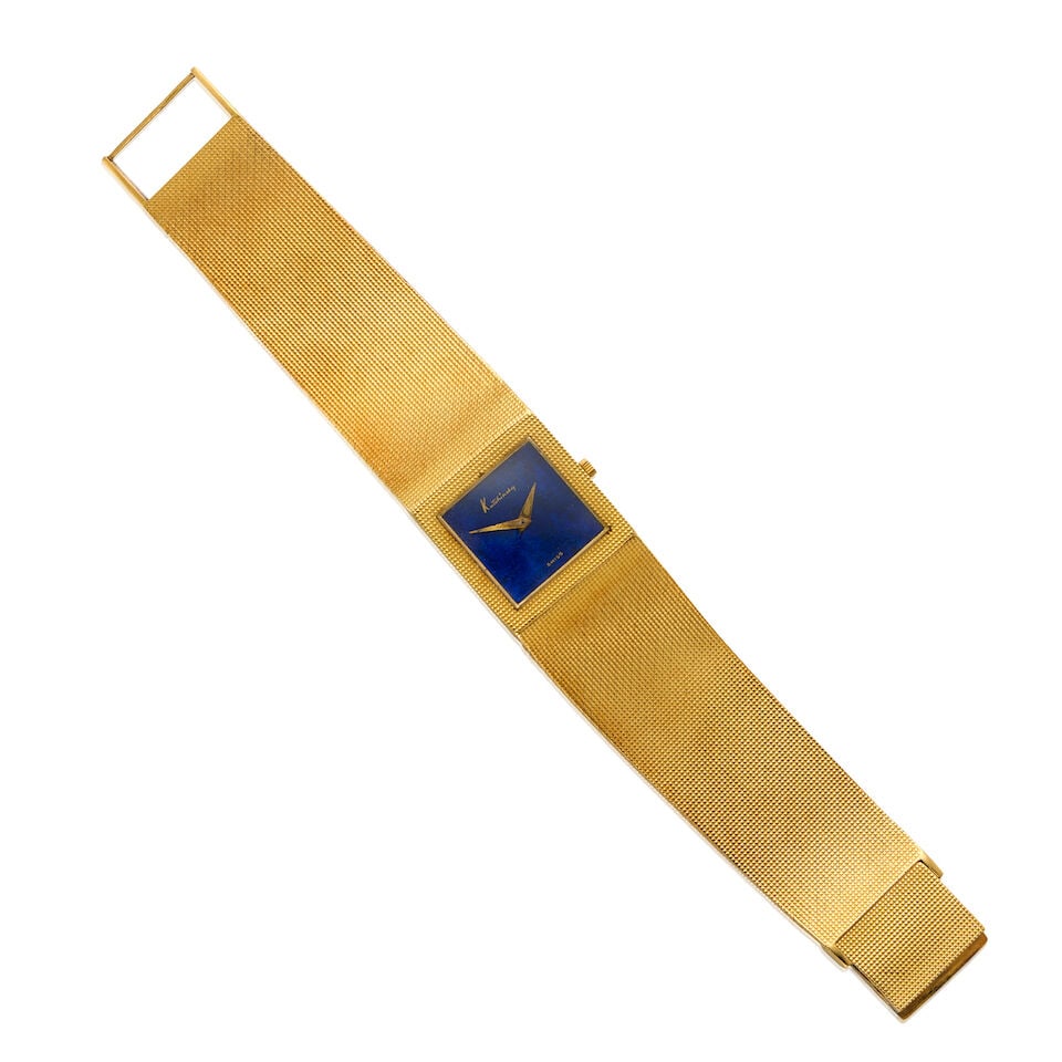 KUTCHINSKY: AN 18K YELLOW GOLD BRACELET WATCH: KUTCHINSKY: AN 18K YELLOW GOLD BRACELET WATCH • 18K yellow gold watch case and bracelet • Lapis Lazuli dial • Signed KUTCHINSKY on the dial • Manuel movement currently not