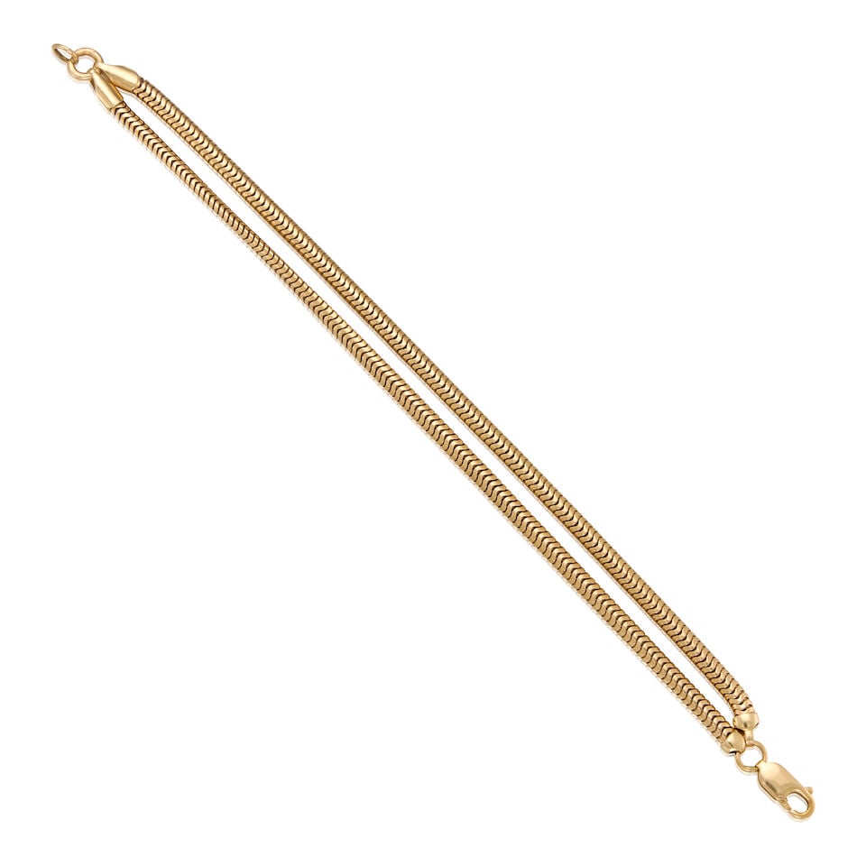 14K YELLOW GOLD DOUBLE STRAND BRACELET: 14K YELLOW GOLD DOUBLE STRAND BRACELET • Length 7 in. • Estimated gross weight: 21.8 grams Footnotes: OVERALL CONDITION: good Metal purity stamped and tested with XRF (x-ray fluorescence)