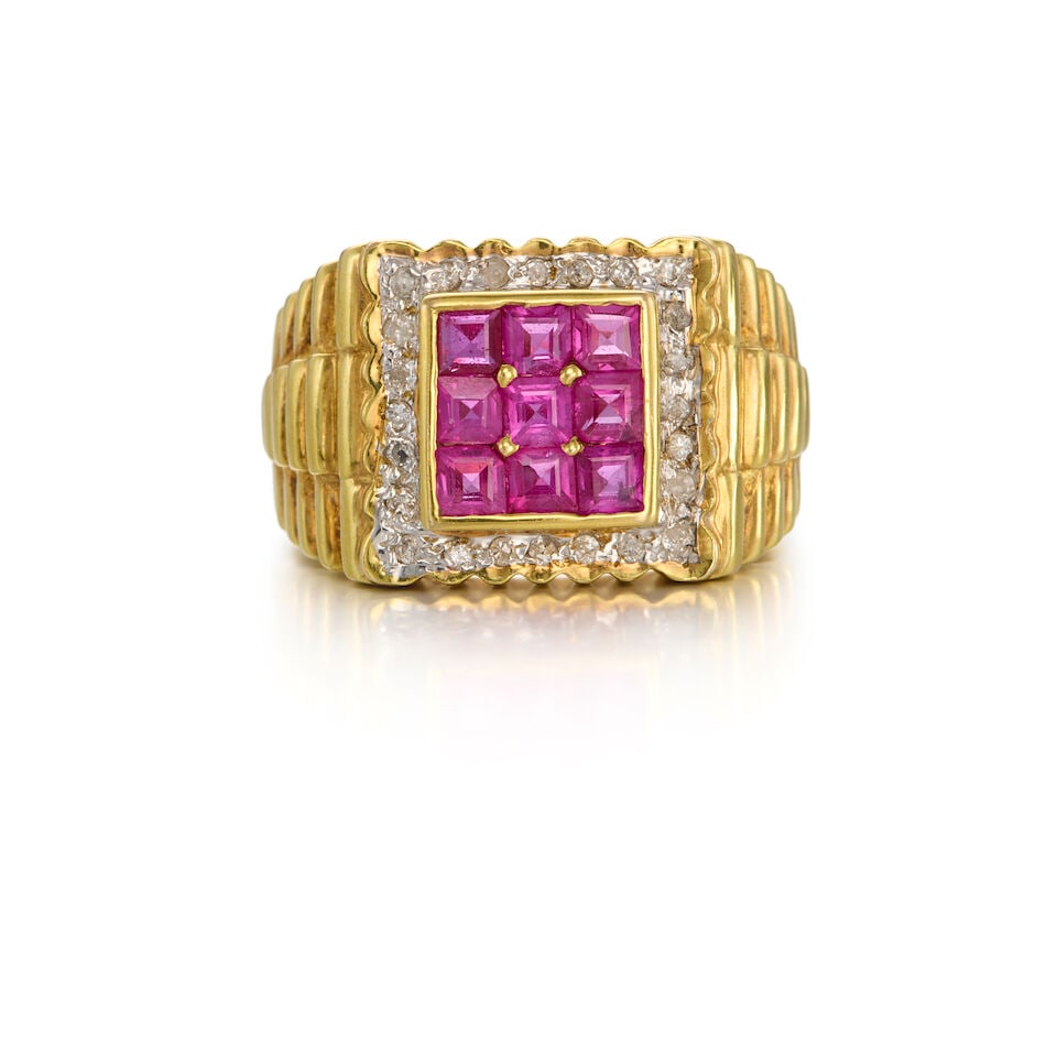 14K YELLOW GOLD, RUBY, AND DIAMOND RING: 14K YELLOW GOLD, RUBY, AND DIAMOND RING • Nine square shaped rubies weighing approximately 1 carat total • Numerous round shaped diamonds weighing approximately 0.20 carat total •
