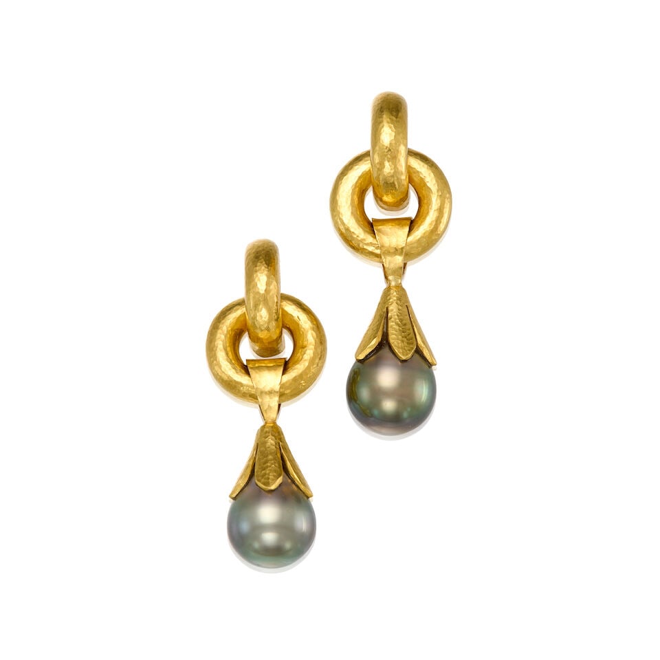 ELIZABETH LOCKE: 19K YELLOW GOLD AND CULTURED PEARL EARRINGS: ELIZABETH LOCKE: 19K YELLOW GOLD AND CULTURED PEARL EARRINGS • Two cultured pearls measuring approximately 10.70mm in diameter • With marker's mark for Elizabeth Locke • Measures 1