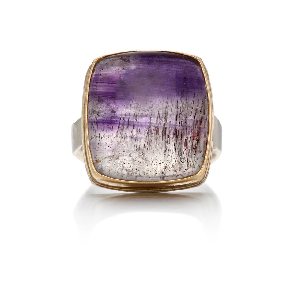 JAMIE JOSEPH: GOLD, SILVER AND 'SUPER SEVEN' QUARTZ RING: JAMIE JOSEPH: GOLD, SILVER AND 'SUPER SEVEN' QUARTZ RING • 12K gold and silver • One cushion-shaped quartz measuring approximately 20.25mm x 18.45mm x dept isn't available due to