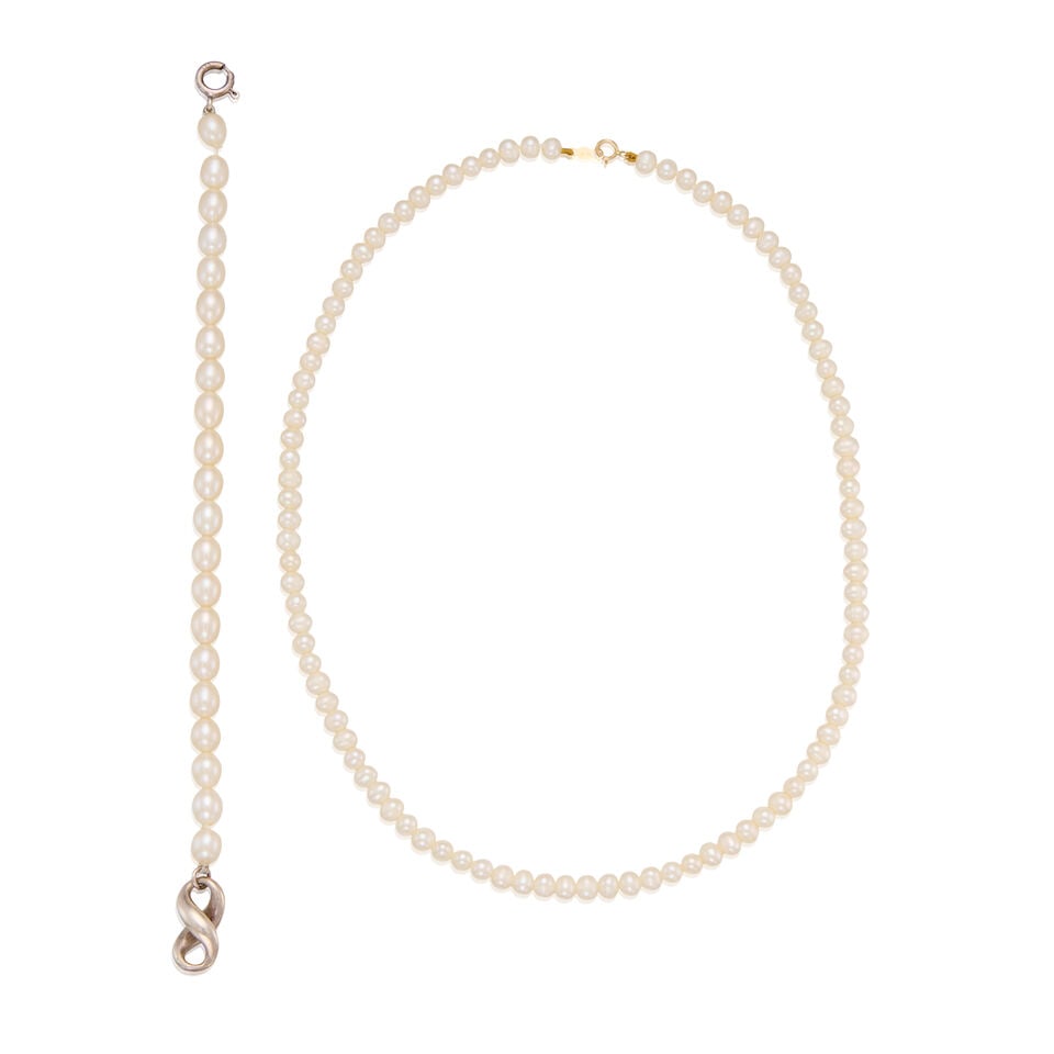 TIFFANY & CO.: A CULTURED PEARL BRACELET WITH A CULTURED PEARL NECKLACE: TIFFANY & CO.: A CULTURED PEARL BRACELET WITH A CULTURED PEARL NECKLACE • A silver bracelet with numerous cultured pearls measuring approximately 6.05mm in diameter, stamped TIFFANY & CO., 925,