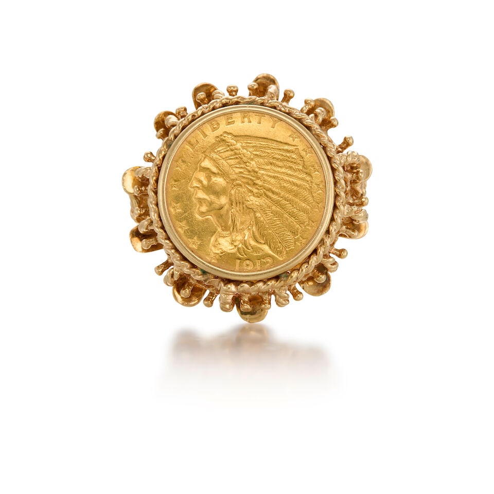 GOLD COIN RING: GOLD COIN RING • 22K yellow coin, 12K and 14K yellow gold ring • Coin measures approximately 17.16mm in diameter • Size 7 1/2 • Estimated gross weight: 14.0