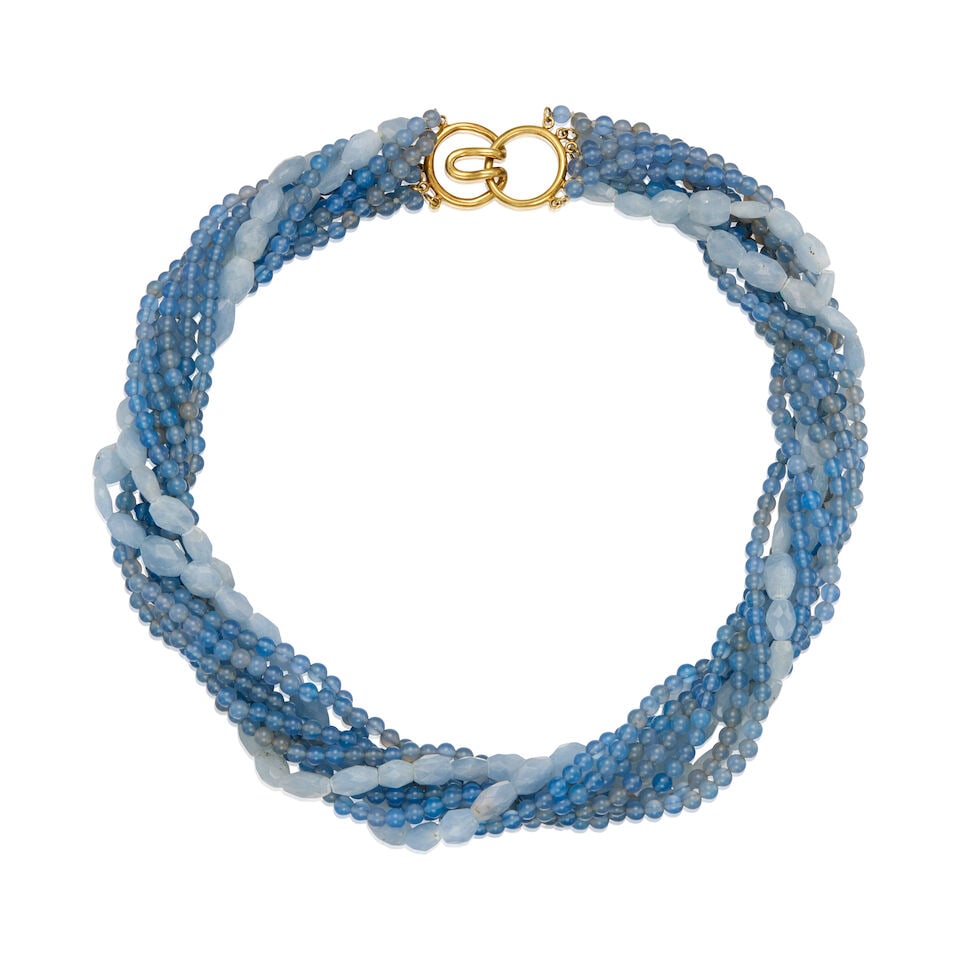 MAZ: 18K GOLD, CHALCEDONY AND BERYL NECKLACE: MAZ: 18K GOLD, CHALCEDONY AND BERYL NECKLACE • Seven strands of round and drilled chalcedony beads measuring approximately 4.31mm to 4.37mm in diameter • Two strands of hexagonal-shaped