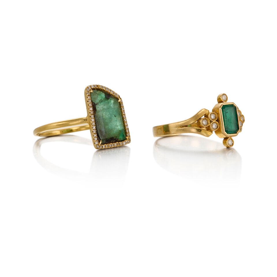 TWO GOLD, EMERALD, AND DIAMOND RINGS - 2
