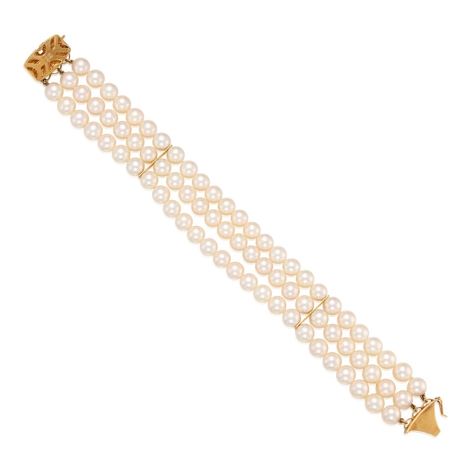 MIKIMOTO: 18K YELLOW GOLD AND CULTURED PEARL BRACELET - 2