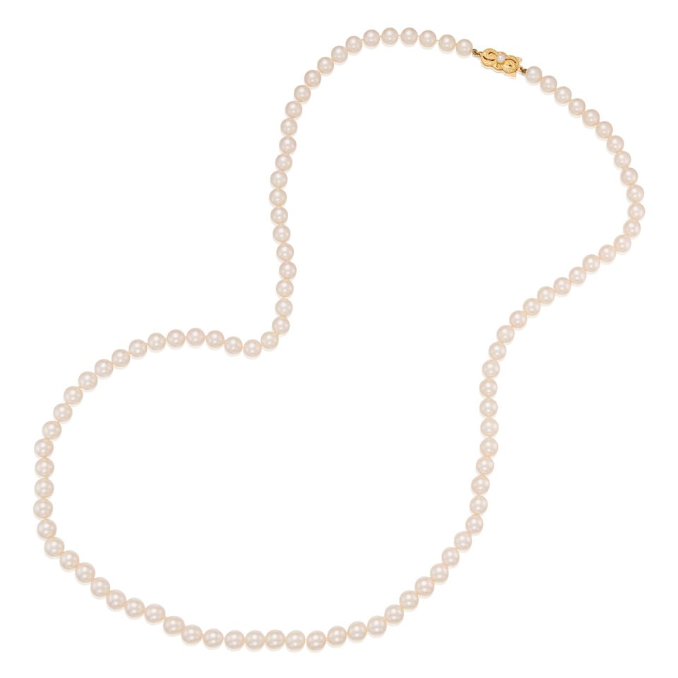 MIKIMOTO: 18K YELLOW GOLD AND CULTURED PEARL NECKLACE: MIKIMOTO: 18K YELLOW GOLD AND CULTURED PEARL NECKLACE • Numerous cultured pearls measuring approximately 3.80mm to 7.13mm in diameter • Maker's mark for Mikimoto • Length 30 1/2