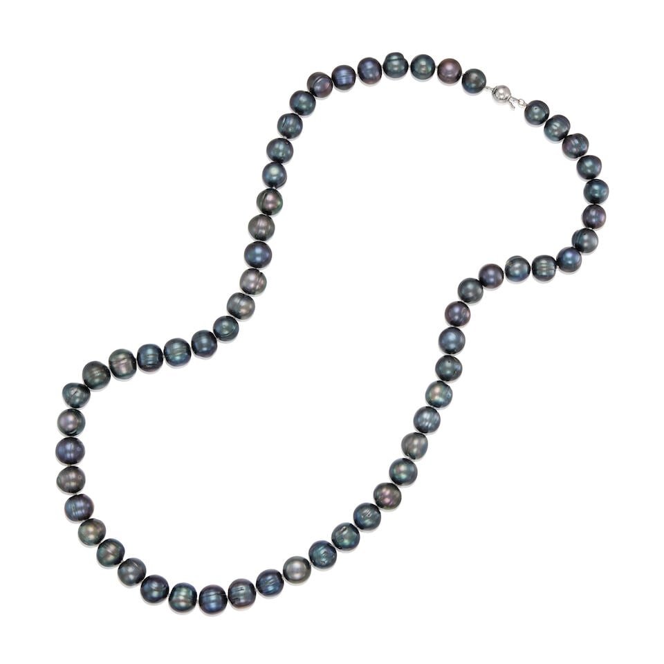 WHITE METAL AND CULTURED PEARL NECKLACE: WHITE METAL AND CULTURED PEARL NECKLACE • Mixed metals consisting of mostly copper • Numerous cultured pearls measuring approximately 10.75mm to 12.10mm in diameter • Length 27 1/4