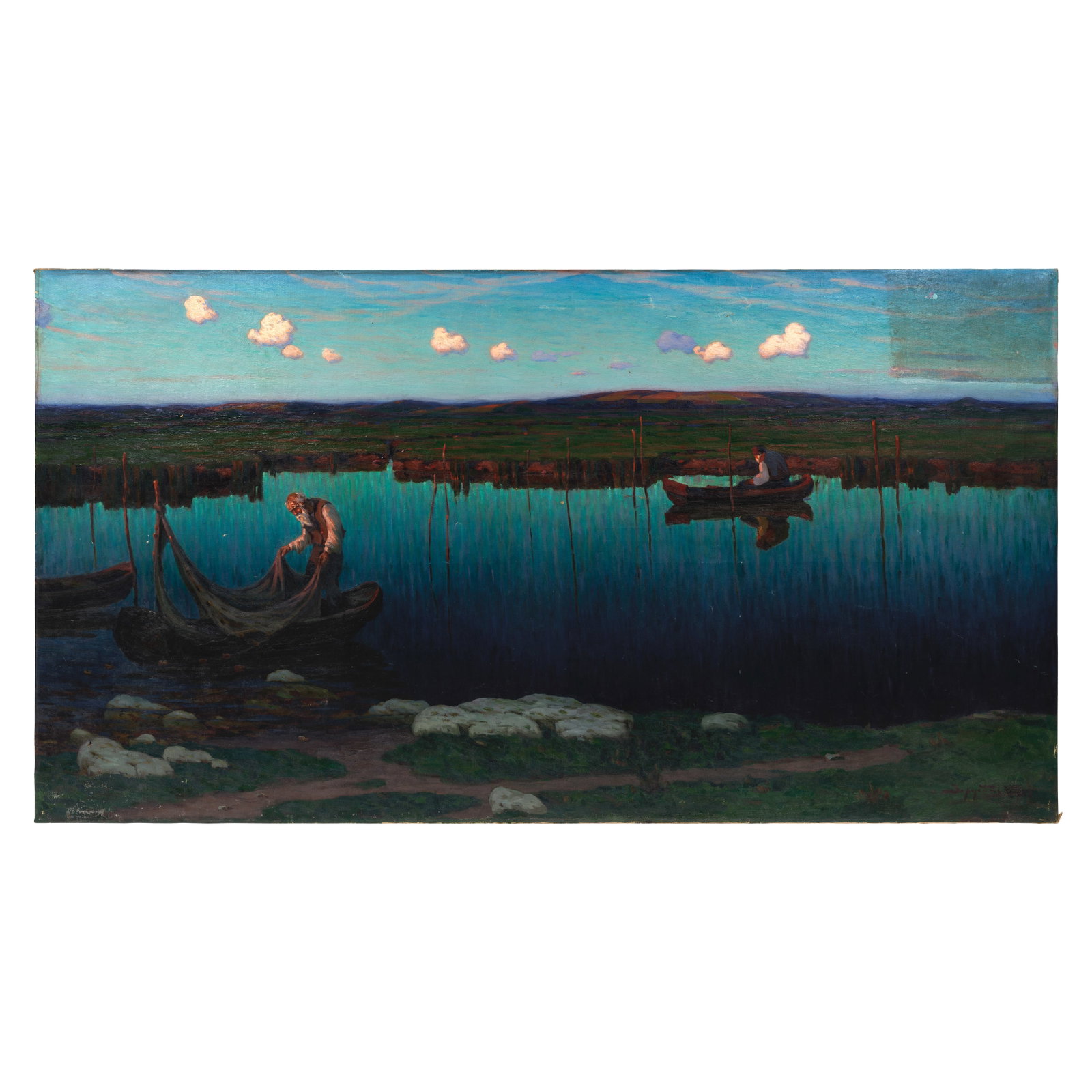 Viktor Ivanovich Zarubin (1866-1928) Fishermen: Viktor Ivanovich Zarubin (1866-1928) Fishermen signed in Cyrillic (lower right) oil on canvas 115 x 215cm (45 1/4 x 84 5/8in). Footnotes: Provenance Anon. sale, Sotheby's, London,