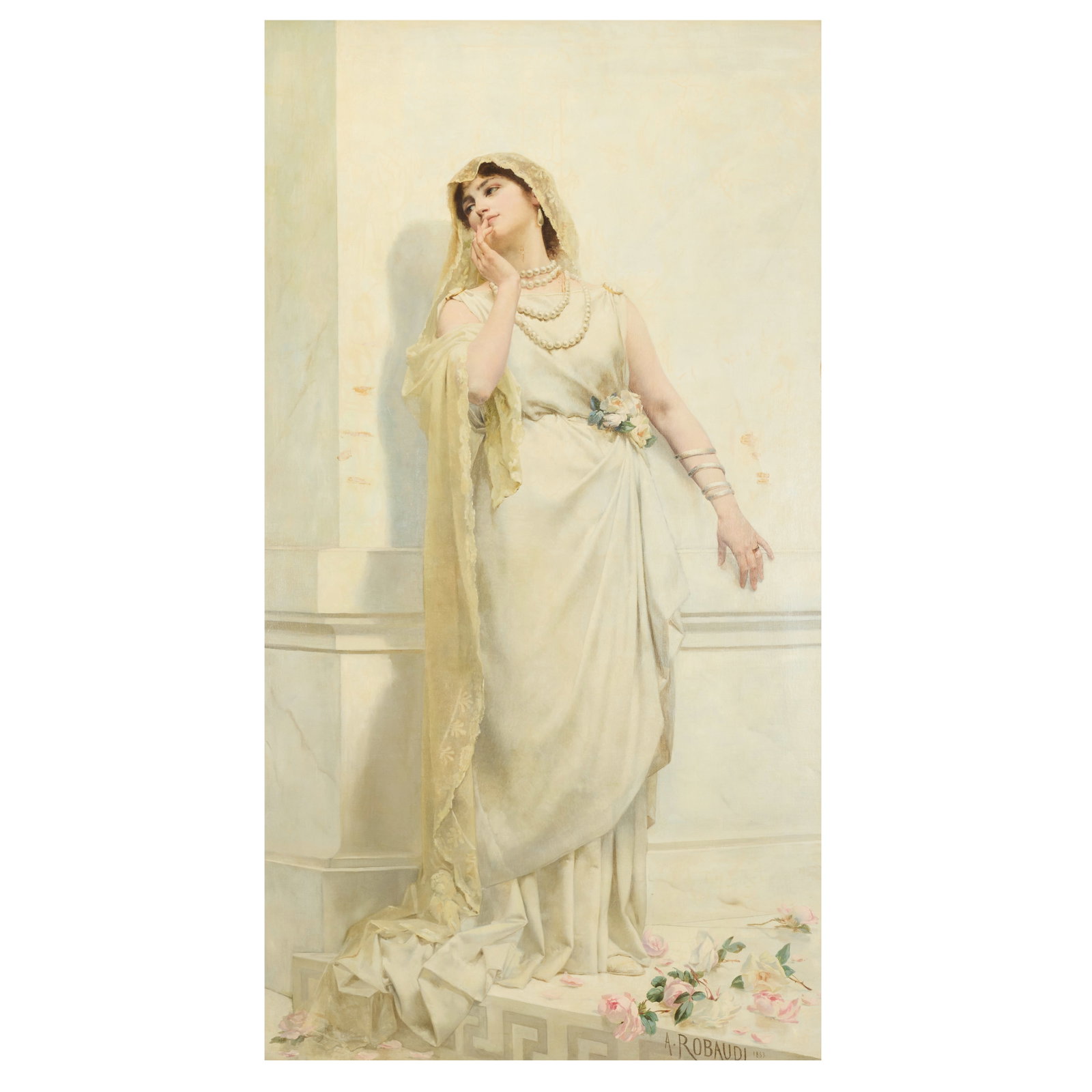 Alcide Théophile Robaudi (French, 1850-1928) Sur le seuil: Alcide Théophile Robaudi (French, 1850-1928) Sur le seuil signed and dated 'A.Robaudi 1883' (lower right) oil on canvas 220.5 x 120cm (86 13/16 x 47 1/4in). Footnotes: Provenance
