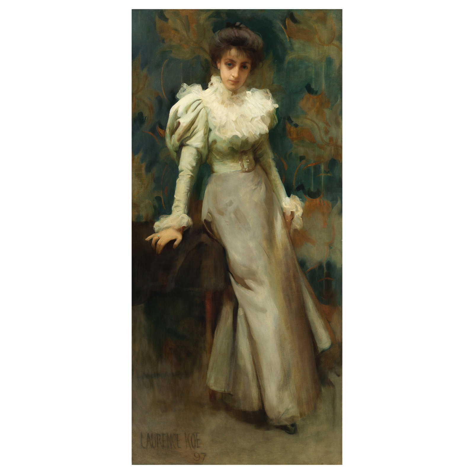 Laurence Koe (British, 1869-1913) Portrait of Mrs Piffard, full length in a white dress: Laurence Koe (British, 1869-1913) Portrait of Mrs Piffard, full length in a white dress signed and dated 'LAURENCE KOE/97' (lower left); titled and indistinctly inscribed (on label attached to the str
