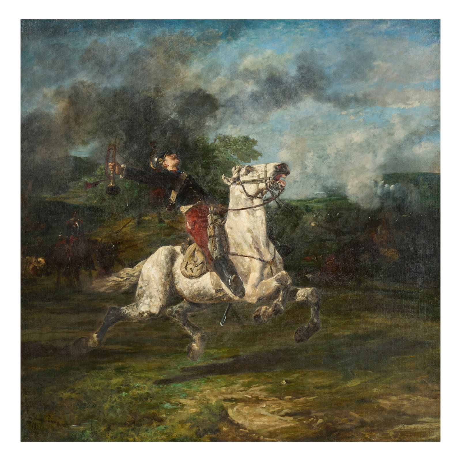 John Lewis Brown (French, 1829-1890) Journée du 6 Aout 1870, Reichshoffen: John Lewis Brown (French, 1829-1890) Journée du 6 Aout 1870, Reichshoffen signed and dated 'John Lewis Brown/1872' (lower left) oil on canvas 150 x 150cm (59 1/16 x 59 1/16in). Footnotes: