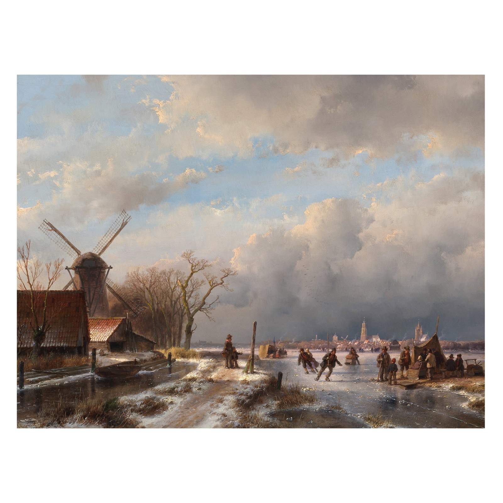 Andreas Schelfhout (Dutch, 1787-1870) Skaters on a frozen river, a town beyond (1 of 1)