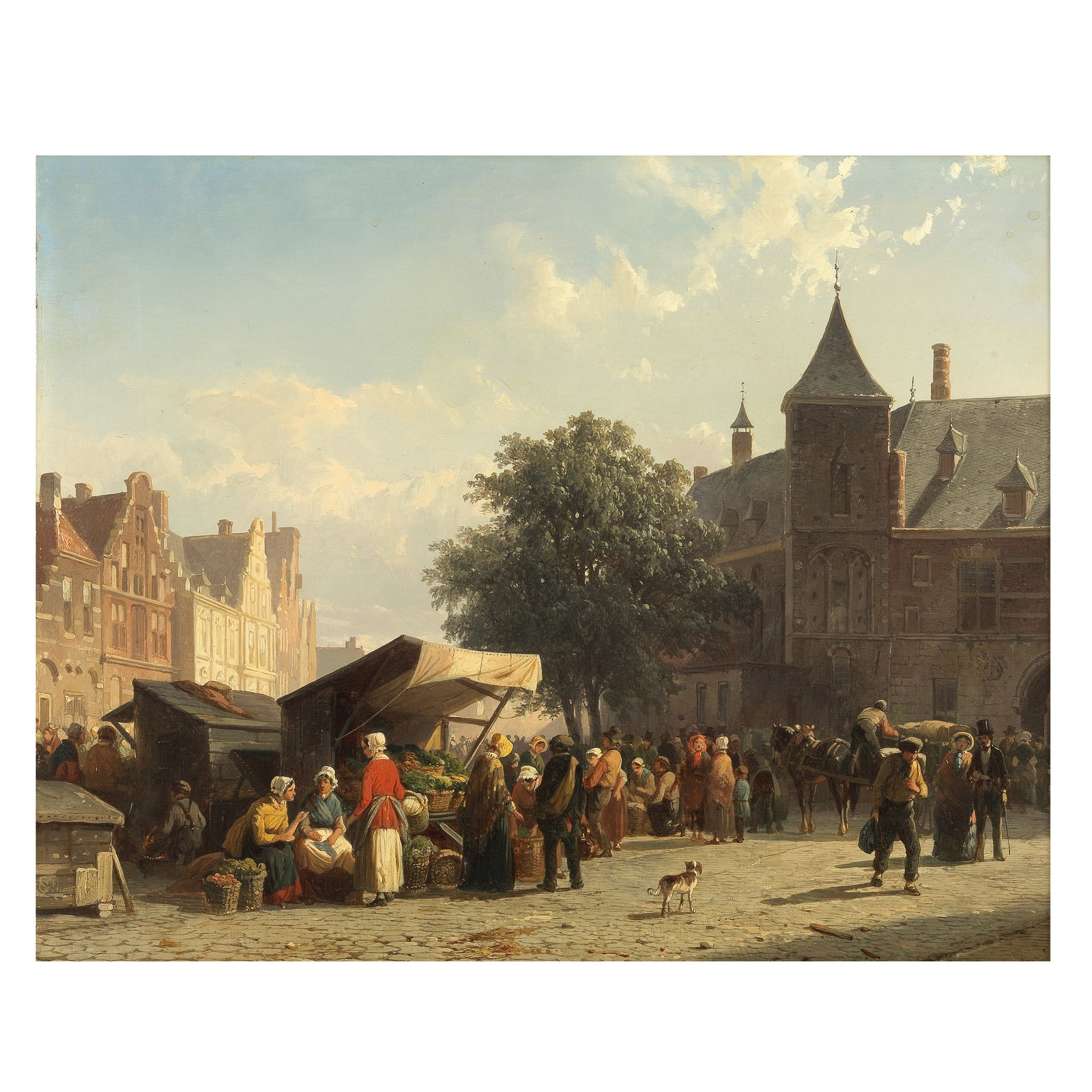 Cornelis Springer (Dutch, 1817-1891) A city market in the sunlight, a vegetable stall in the fo... (1 of 1)