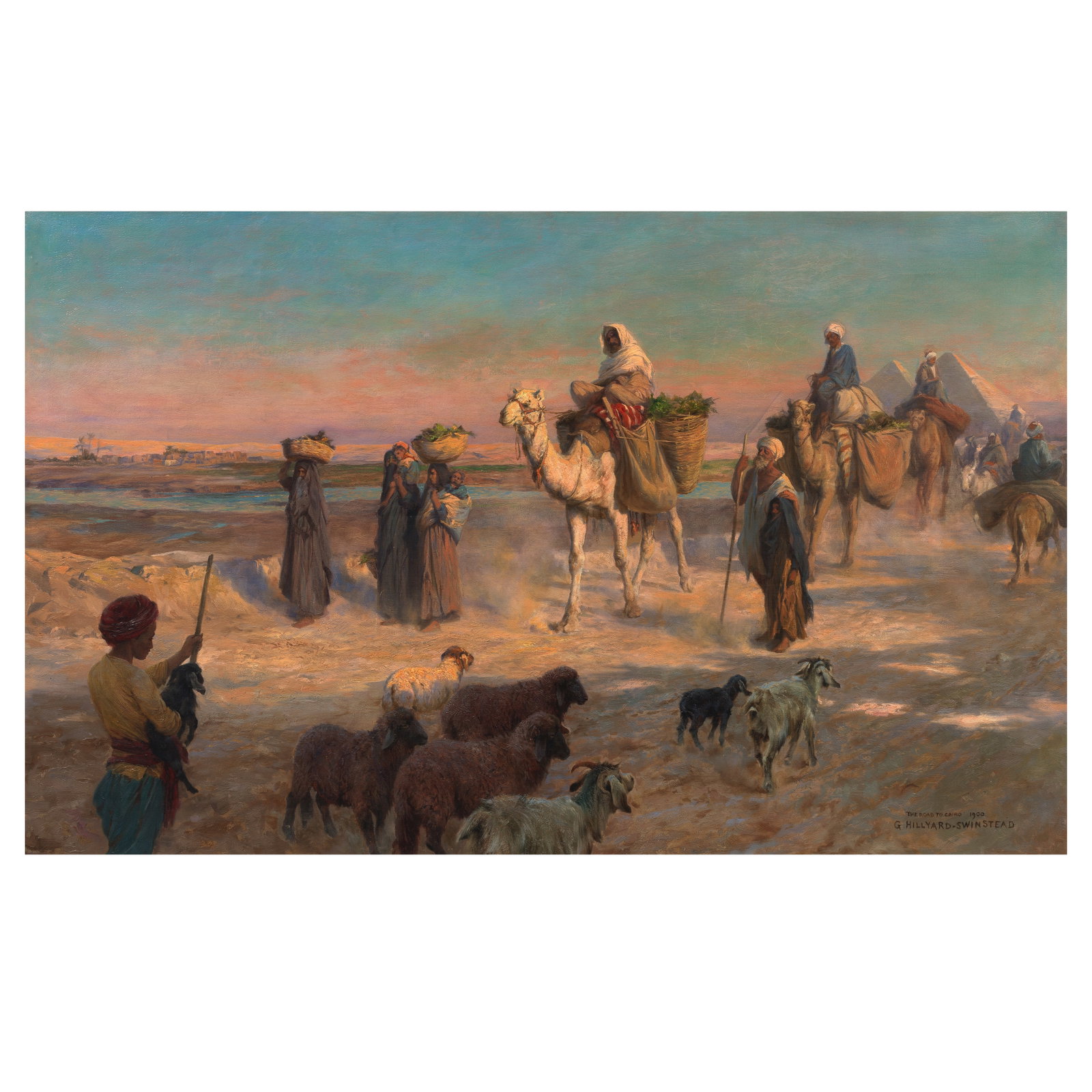 George Hillyard Swinstead (British, 1860-1926) The road from Gizeh to Cairo: George Hillyard Swinstead (British, 1860-1926) The road from Gizeh to Cairo signed, inscribed and dated 'THE ROAD TO CAIRO 1900/G.HILLYARD.SWINSTEAD' (lower right) oil on canvas 73 x 116.2cm (28 3/4 x