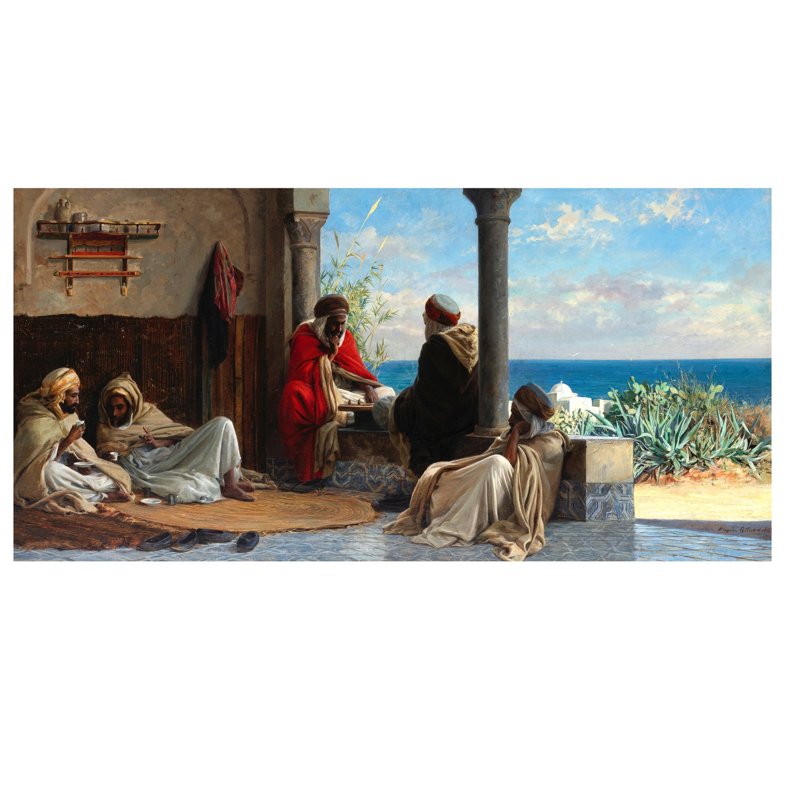 Eugène Alexis Girardet (French, 1853-1907) The game of draughts: Eugène Alexis Girardet (French, 1853-1907) The game of draughts signed and dated 'Eugene Girardet 1881' (lower right) oil on canvas 50.5 x 100.4cm (19 7/8 x 39 1/2in). Footnotes: Pro