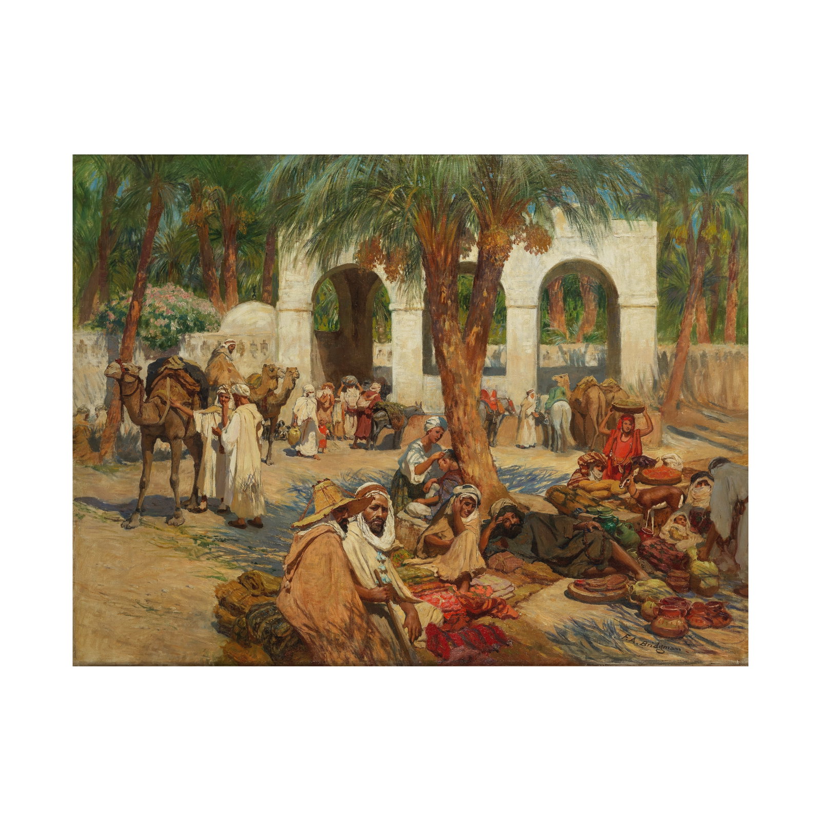 Frederick Arthur Bridgman (American, 1847-1928) Fundouk à Laghouat, Algeria: Frederick Arthur Bridgman (American, 1847-1928) Fundouk à Laghouat, Algeria signed 'F.A.Bridgman' (lower right) oil on canvas 102.3 x 135.2cm (40 1/4 x 53 1/4in). Footnotes: Proven