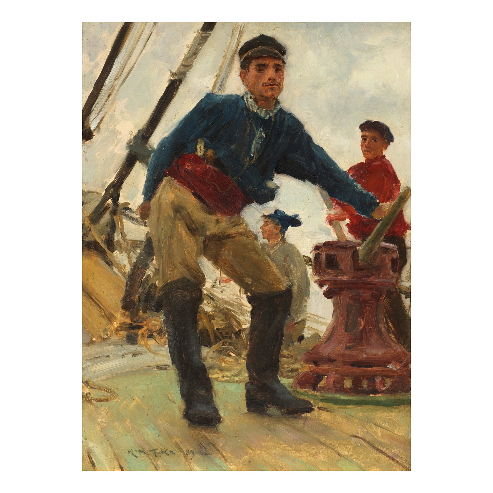 Henry Scott Tuke, RA, RWS (British, 1858-1929) At the capstan on a Spanish brig: Henry Scott Tuke, RA, RWS (British, 1858-1929) At the capstan on a Spanish brig signed and dated 'H.S Tuke.89' (lower left) oil on panel 36 x 26.7cm (14 3/16 x 10 1/2in). Footnotes: Prove