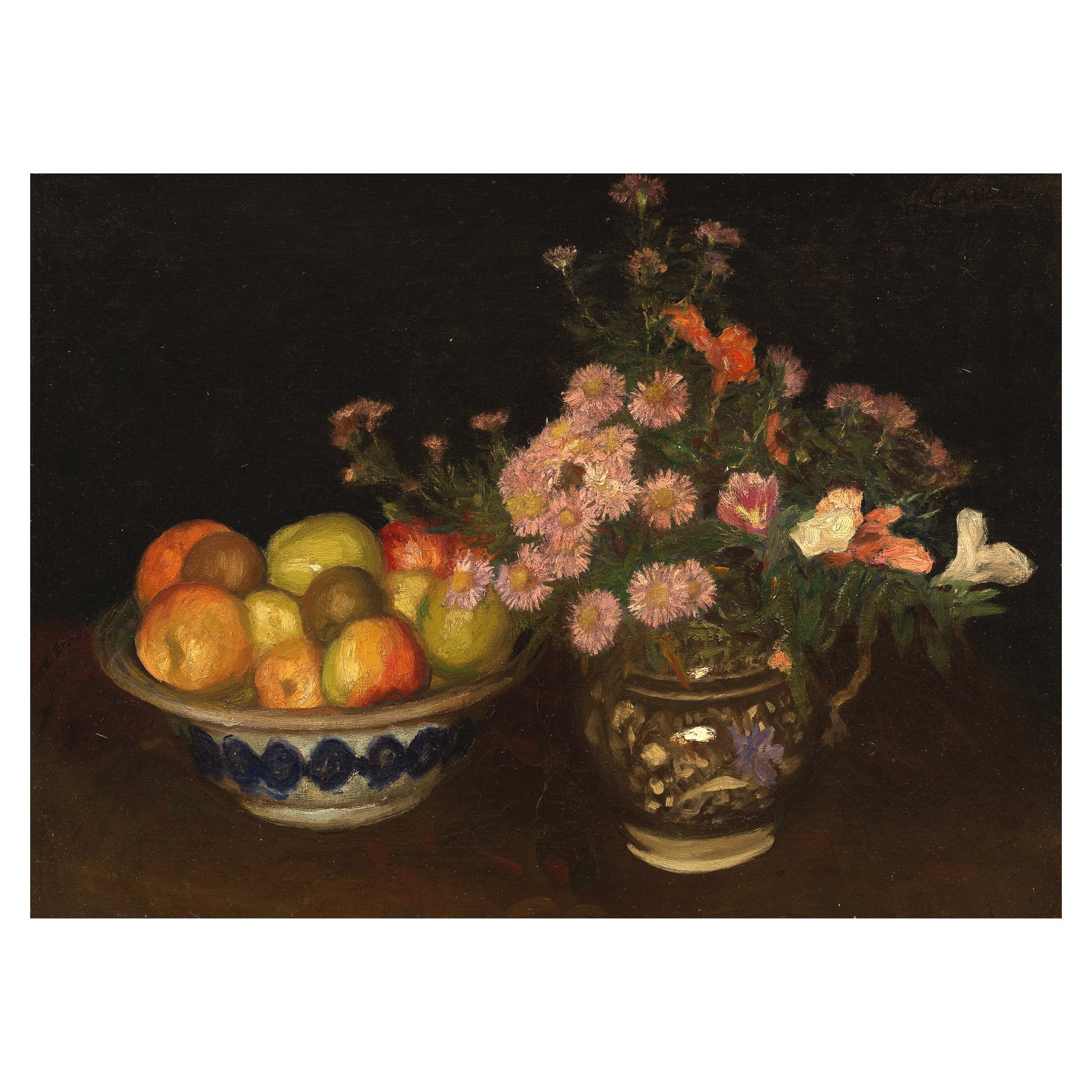 Sir George Clausen, RA, RWS (British, 1852-1944) A jug of wild flowers and fruit in a bowl (1 of 1)