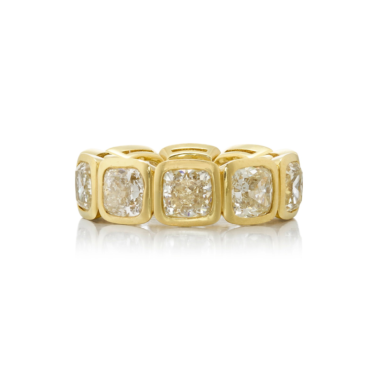 A DIAMOND RING: A DIAMOND RING An eternity band comprising bezel-set, cushion-shaped diamonds, weighing 10.02 carats total; mounted in 18k gold; size 6 1/2 Footnotes: Accompanied by GIA Reports 2516622052,