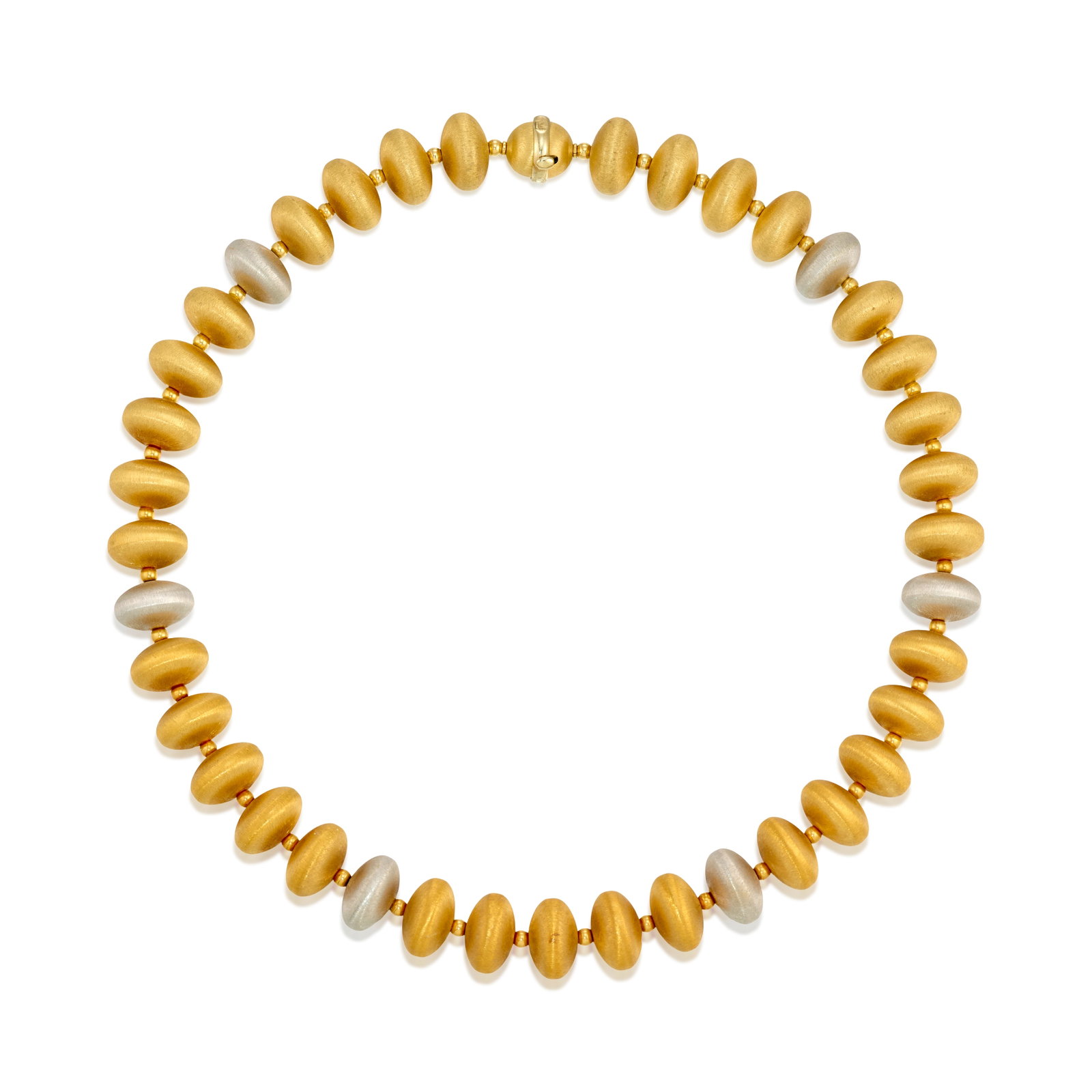 AN 18K BICOLOR GOLD NECKLACE, ITALY: AN 18K BICOLOR GOLD NECKLACE, ITALY A strand of brushed yellow and white gold beads; with maker's mark; Italy; length 17 1/4 in., width 9/16 in. Footnotes: OVERALL CONDITION: Metal stamped and tested