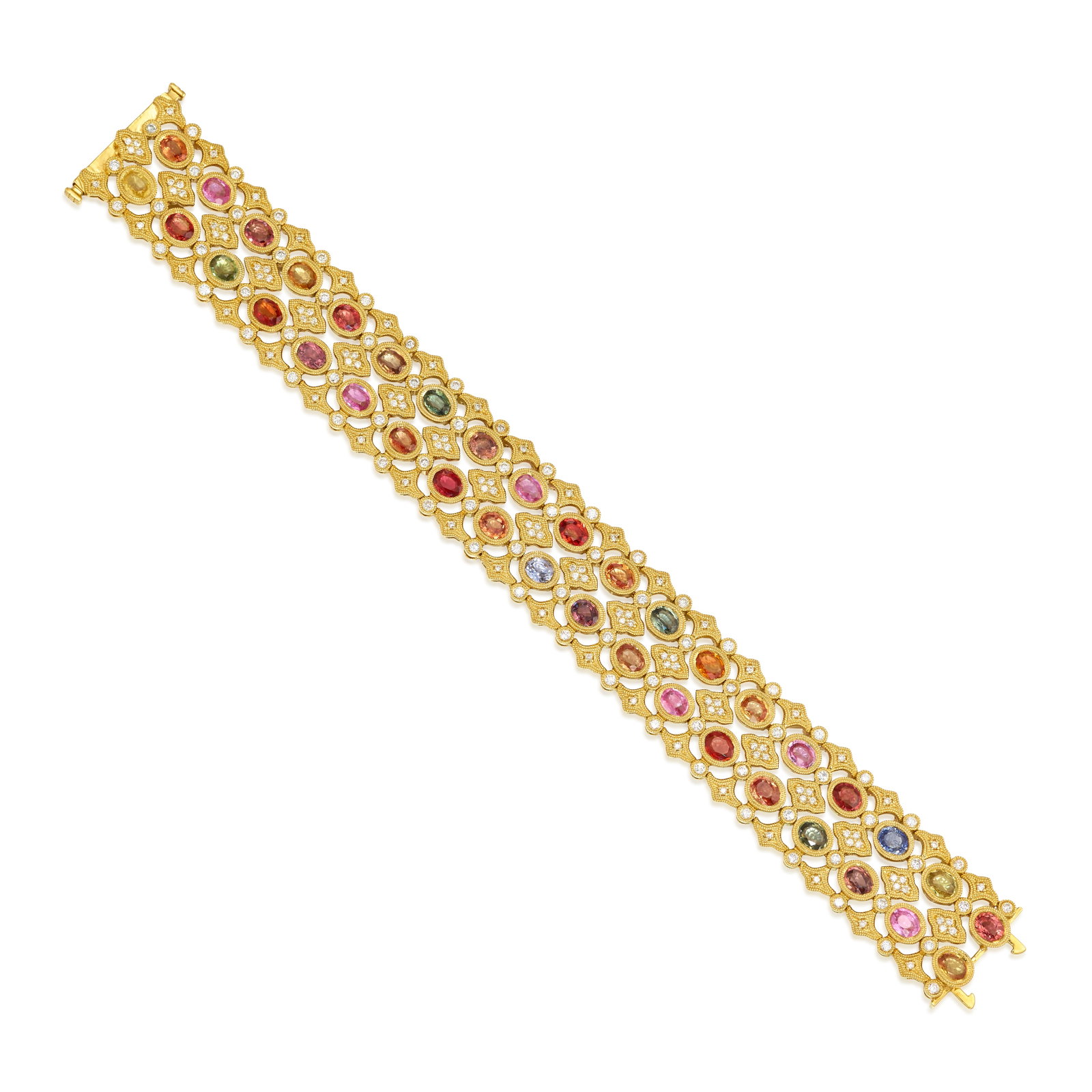 AN 18K GOLD, MULTI-COLORED SAPPHIRE AND DIAMOND BRACELET: AN 18K GOLD, MULTI-COLORED SAPPHIRE AND DIAMOND BRACELET Of ornate design, set throughout with oval-shaped red, pink, green, orange and violet sapphires, accented with round brilliant-cut diamonds; es