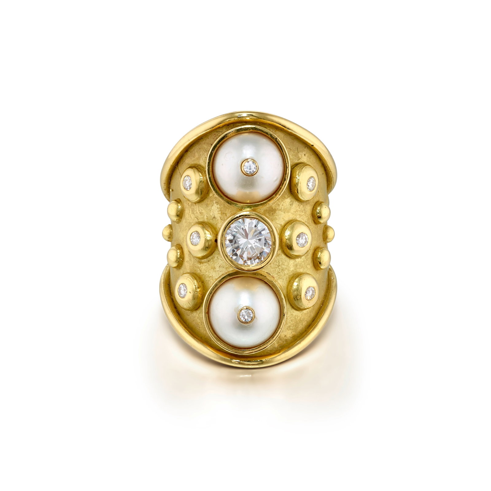 DENISE ROBERGE: AN 18K GOLD, DIAMOND AND CULTURED PEARL RING: DENISE ROBERGE: AN 18K GOLD, DIAMOND AND CULTURED PEARL RING Comprising half-round cultured pearls, round brilliant-cut diamond accents and gold granulation detailing; signed Roberge; estimated center