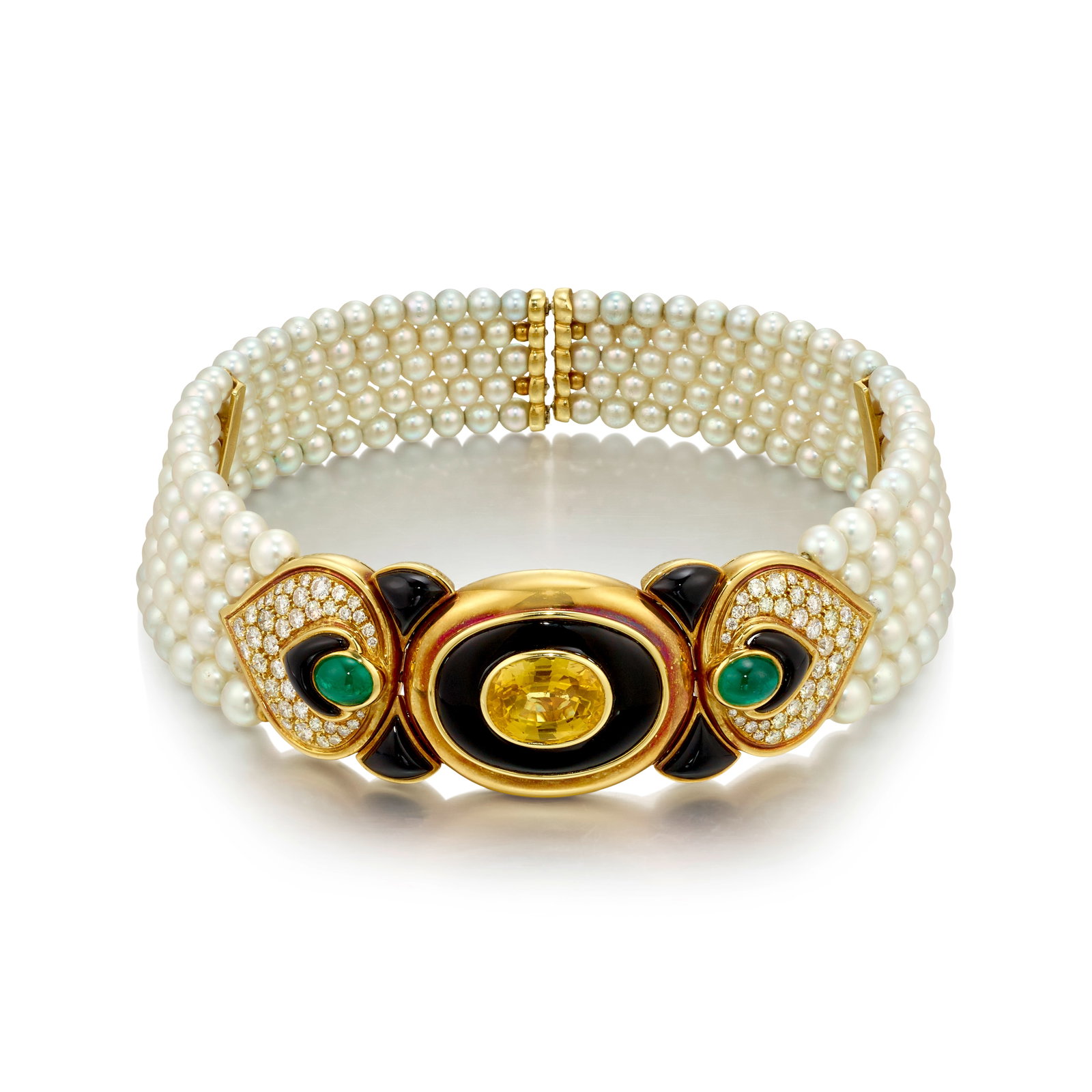 AN 18K GOLD, CULTURED PEARL, DIAMOND AND GEM-SET NECKLACE: AN 18K GOLD, CULTURED PEARL, DIAMOND AND GEM-SET NECKLACE A flexible collar, comprising five rows of round cultured pearls, the center accented with carved inlay onyx, oval-shaped cabochon emeralds, r