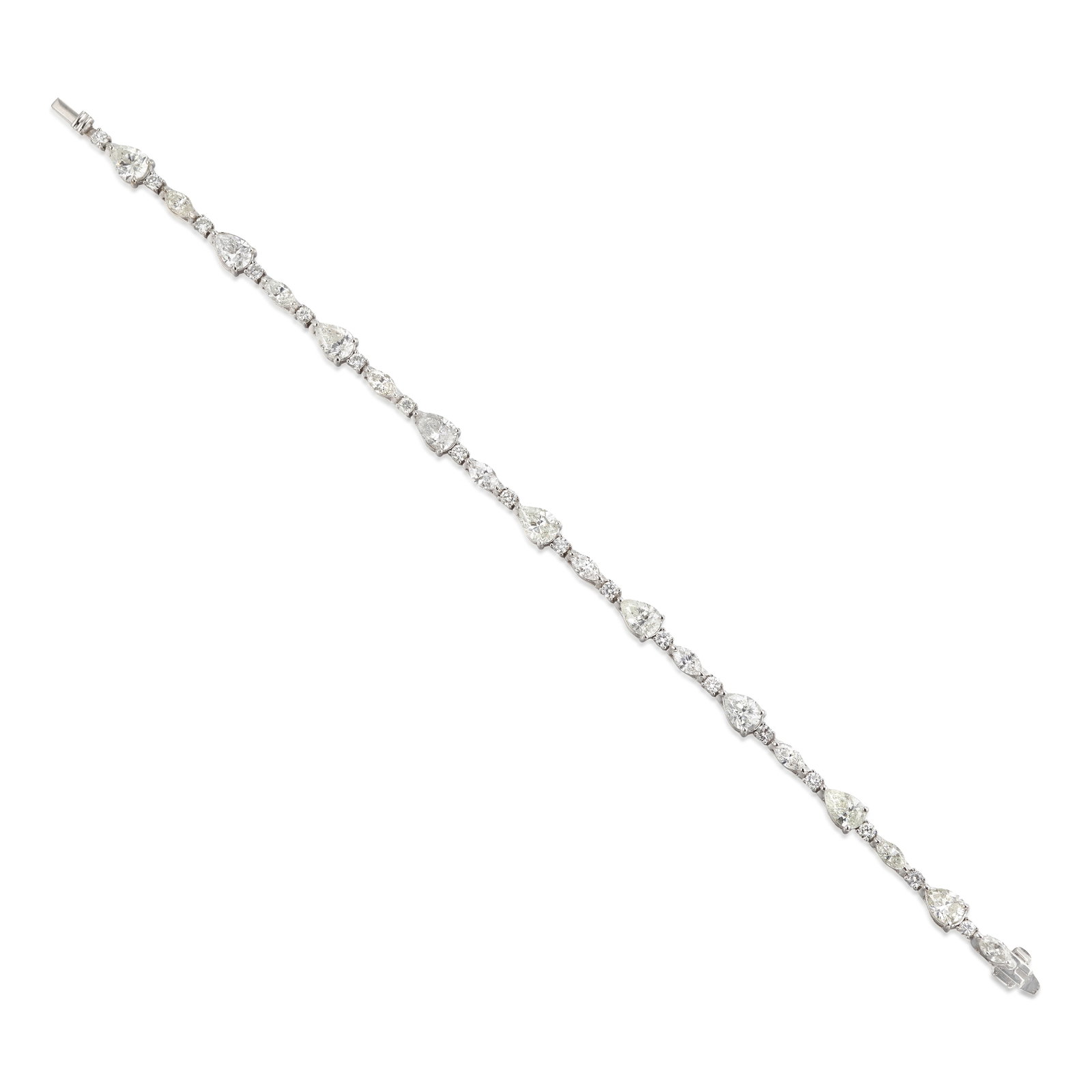 A 14K WHITE GOLD AND DIAMOND BRACELET: A 14K WHITE GOLD AND DIAMOND BRACELET A line bracelet alternating round brilliant-cut, pear and marquise-shaped diamonds; estimated total diamond weight 7.30 carats; length 7 in. Footnotes: OVERALL
