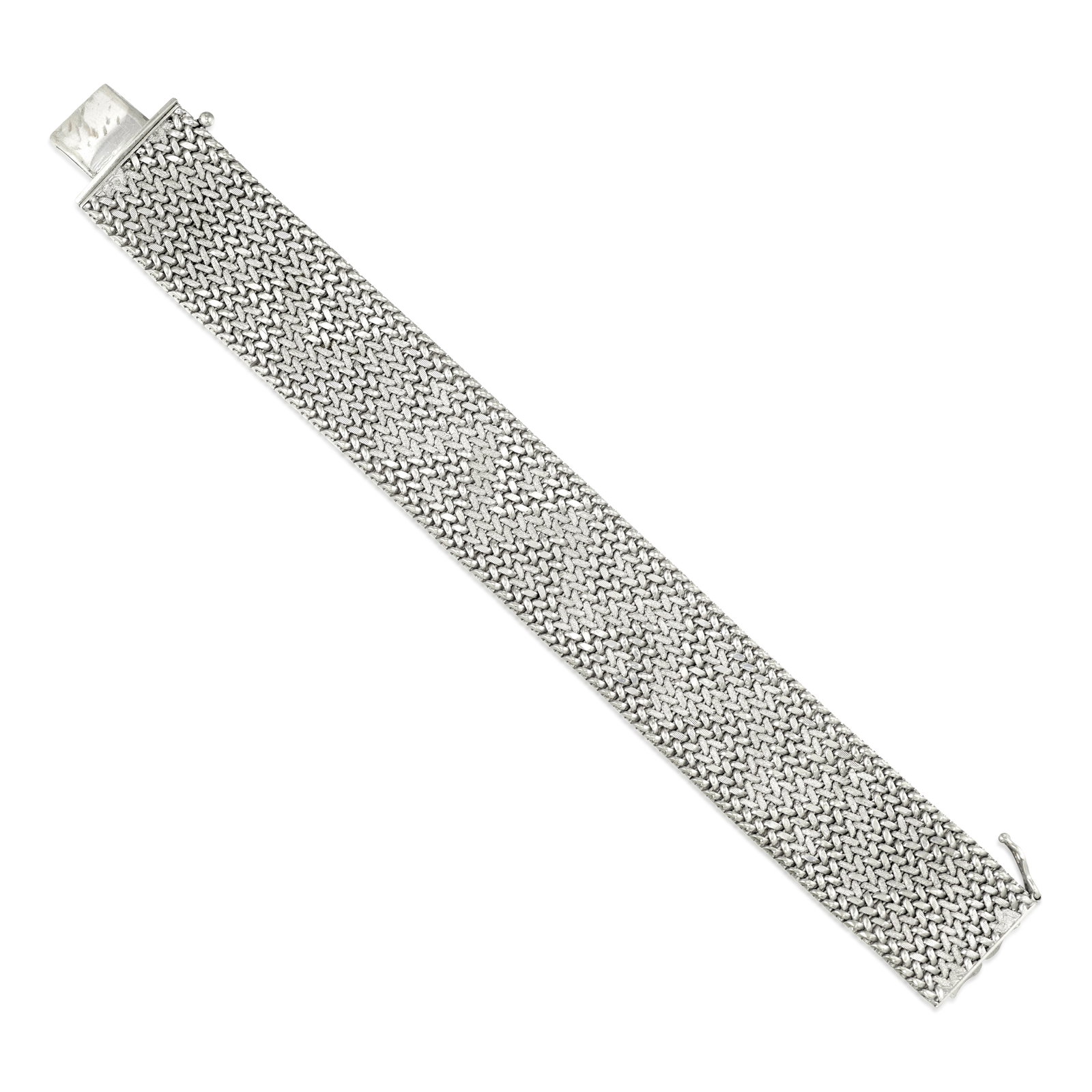 AN 18K WHITE GOLD BRACELET, BRAZIL: AN 18K WHITE GOLD BRACELET, BRAZIL A strap bracelet of woven design; Brazil; length 6 3/4 in., width 13/16 in. Footnotes: OVERALL CONDITION: Metal stamped and tested with XRF (X-ray fluorescence) for