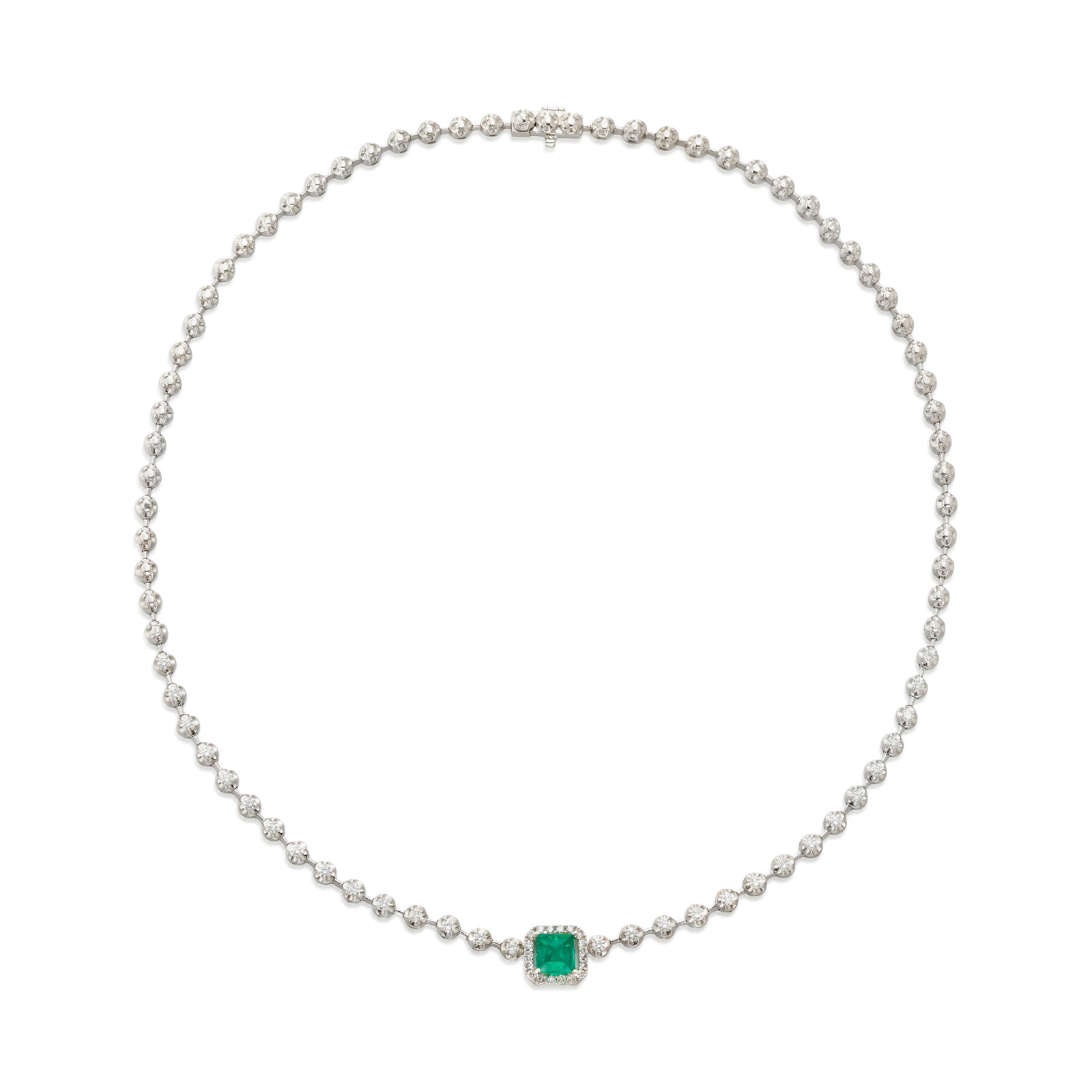 AN 18K WHITE GOLD, EMERALD AND DIAMOND NECKLACE: AN 18K WHITE GOLD, EMERALD AND DIAMOND NECKLACE Centering a square step-cut emerald, weighing 1.11 carats, in a surround of round brilliant-cut diamonds, the backchain further accented with round