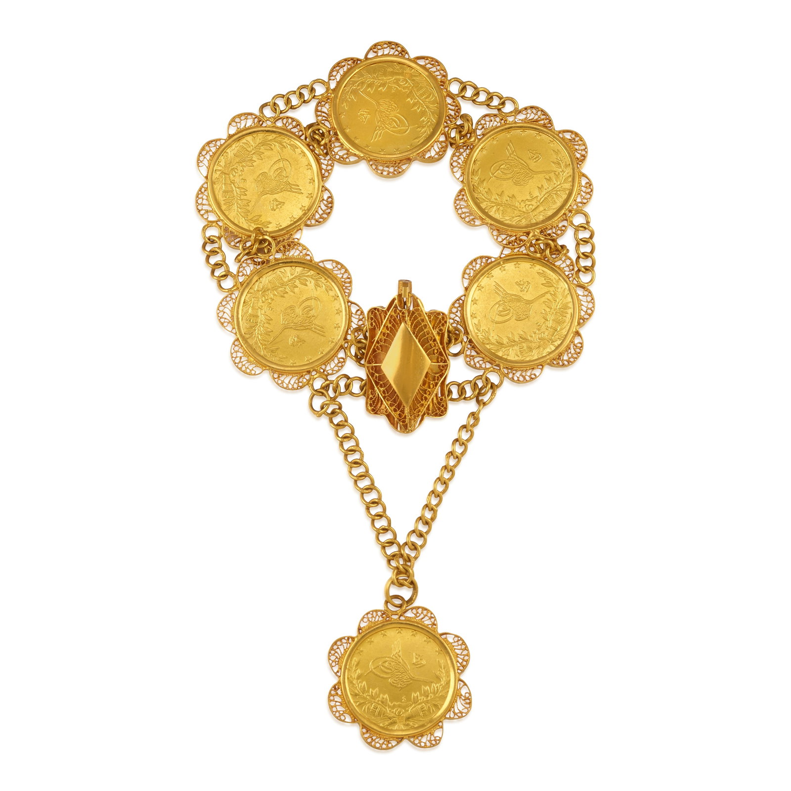 A GOLD COIN BRACELET: A GOLD COIN BRACELET Comprising gold coins set in linked filigree mountings, completed by a decorative clasp and suspending an additional coin pendant; with assay mark; fabricated in 22k gold; length