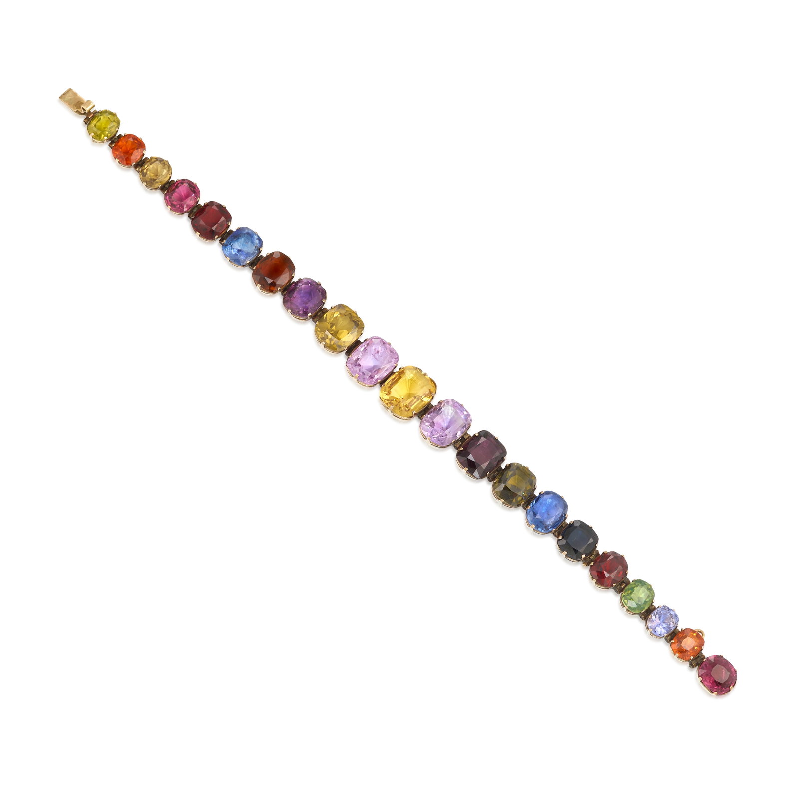 A GEM-SET HARLEQUIN BRACELET, CIRCA 1900: A GEM-SET HARLEQUIN BRACELET, CIRCA 1900 Comprising graduated, cushion-shaped, sapphires, amethysts, citrines, garnets and zircons; fabricated in 9k gold; length 7 in. Footnotes: Accompanied by a copy