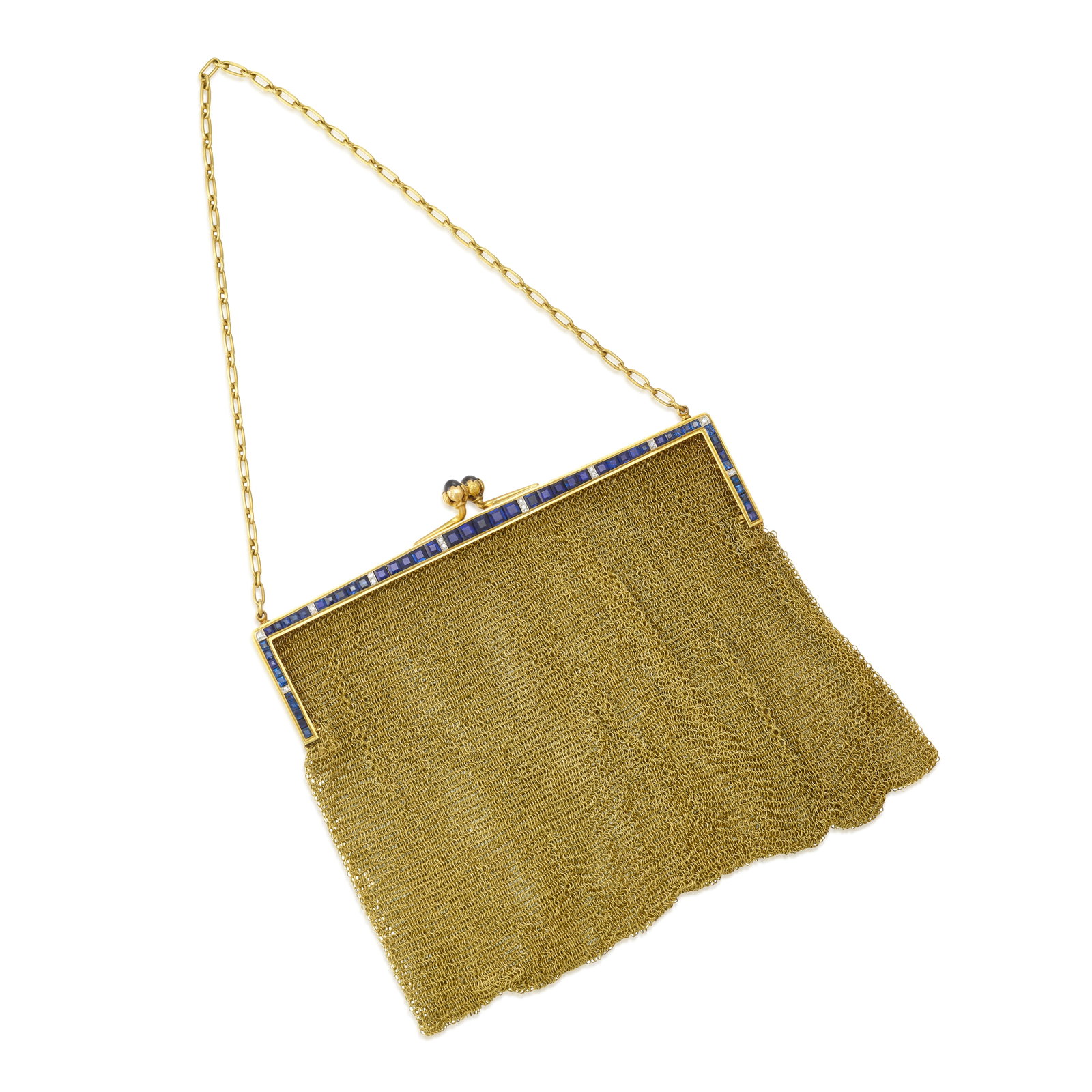 B.M. SHANLEY, JR. CO.: A 14K GOLD, SAPPHIRE AND DIAMOND PURSE, CIRCA 1935: B.M. SHANLEY, JR. CO.: A 14K GOLD, SAPPHIRE AND DIAMOND PURSE, CIRCA 1935 Designed with a mesh body, an openwork frame set across the front with square step-cut sapphires and old European-cut