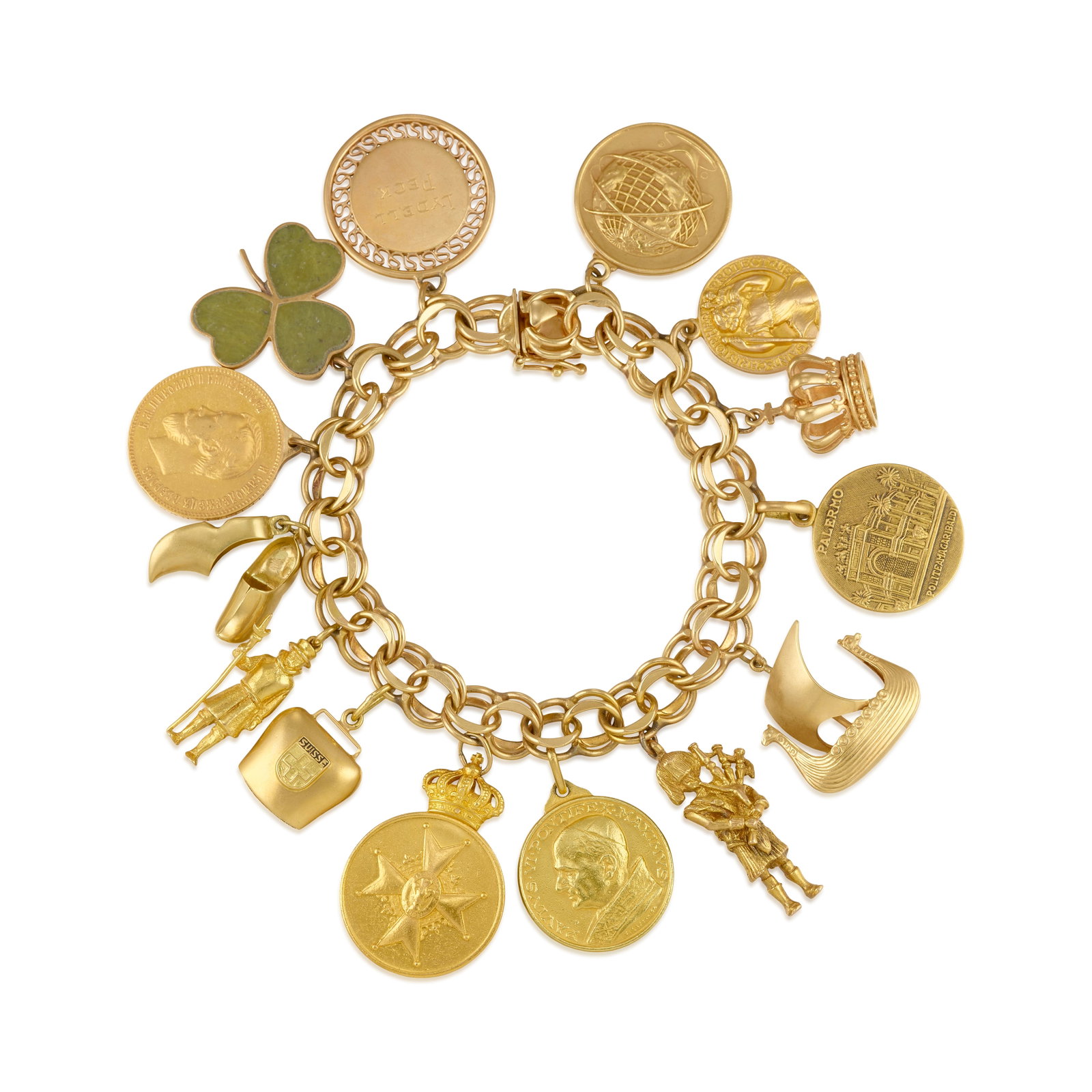 A GOLD CHARM BRACELET: A GOLD CHARM BRACELET Comprising a fancy link chain bracelet, suspending various charms of 9k, 12k, 14k, 18k, 22k and 23k gold; various maker's and/or assay marks; bracelet length 7 1/4 in.; charms me