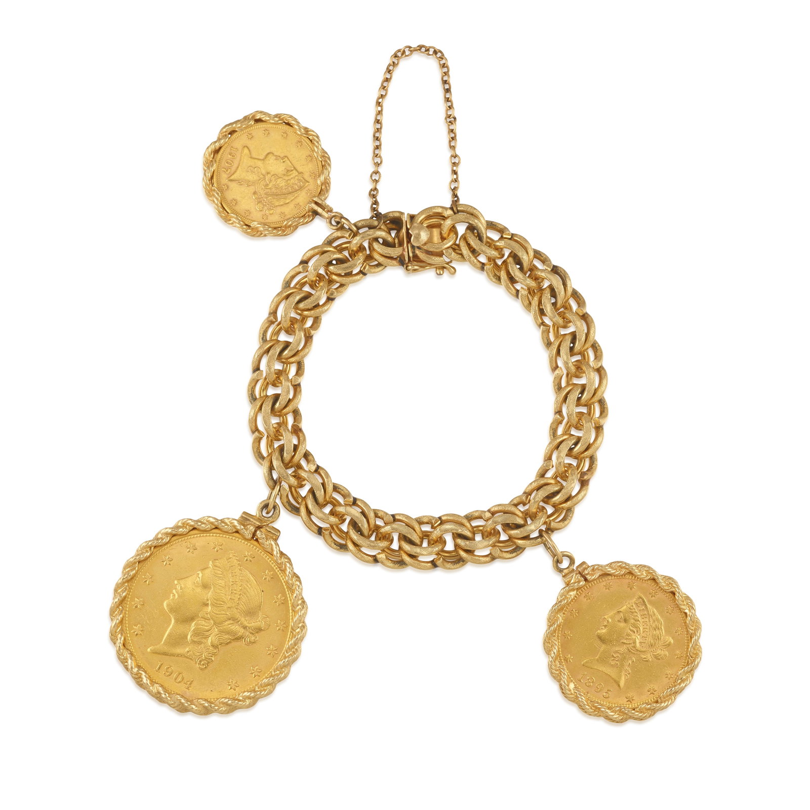 A GOLD COIN BRACELET: A GOLD COIN BRACELET A fancy link chain bracelet, suspending 22K gold $5, $10 and $20 Liberty coins; bracelet with maker's mark; bracelet length 7 in. Footnotes: OVERALL CONDITION: Bracelet stamped an