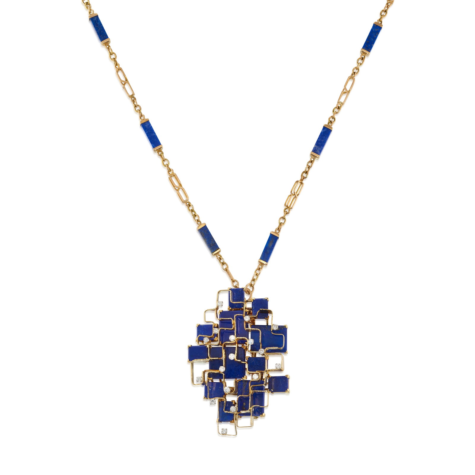 GEORGE WEIL: AN 18K GOLD, PLATINUM, LAPIS LAZULI AND DIAMOND PENDANT CLIP/BROOCH, WITH A 14K GOL...: GEORGE WEIL: AN 18K GOLD, PLATINUM, LAPIS LAZULI AND DIAMOND PENDANT CLIP/BROOCH, WITH A 14K GOLD AND LAPIS LAZULI NECKLACE The pendant clip/brooch of sculptural, geometric design, layering lapis lazu