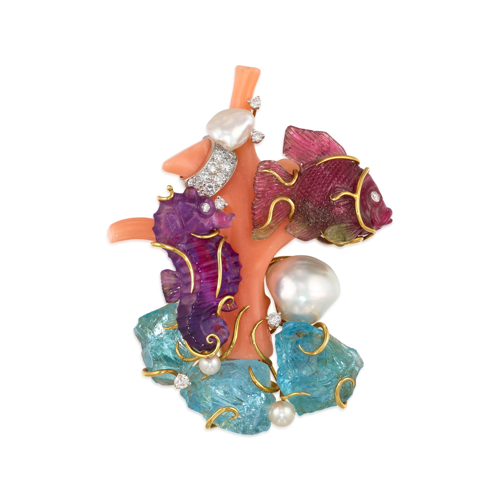 SEAMAN SCHEPPS: AN 18K GOLD, CORAL, DIAMOND AND GEM-SET CLIP/BROOCH: SEAMAN SCHEPPS: AN 18K GOLD, CORAL, DIAMOND AND GEM-SET CLIP/BROOCH Of an oceanic motif, comprising a central coral branch, carved amethyst and tourmaline, rough aquamarine crystals, round and baroque