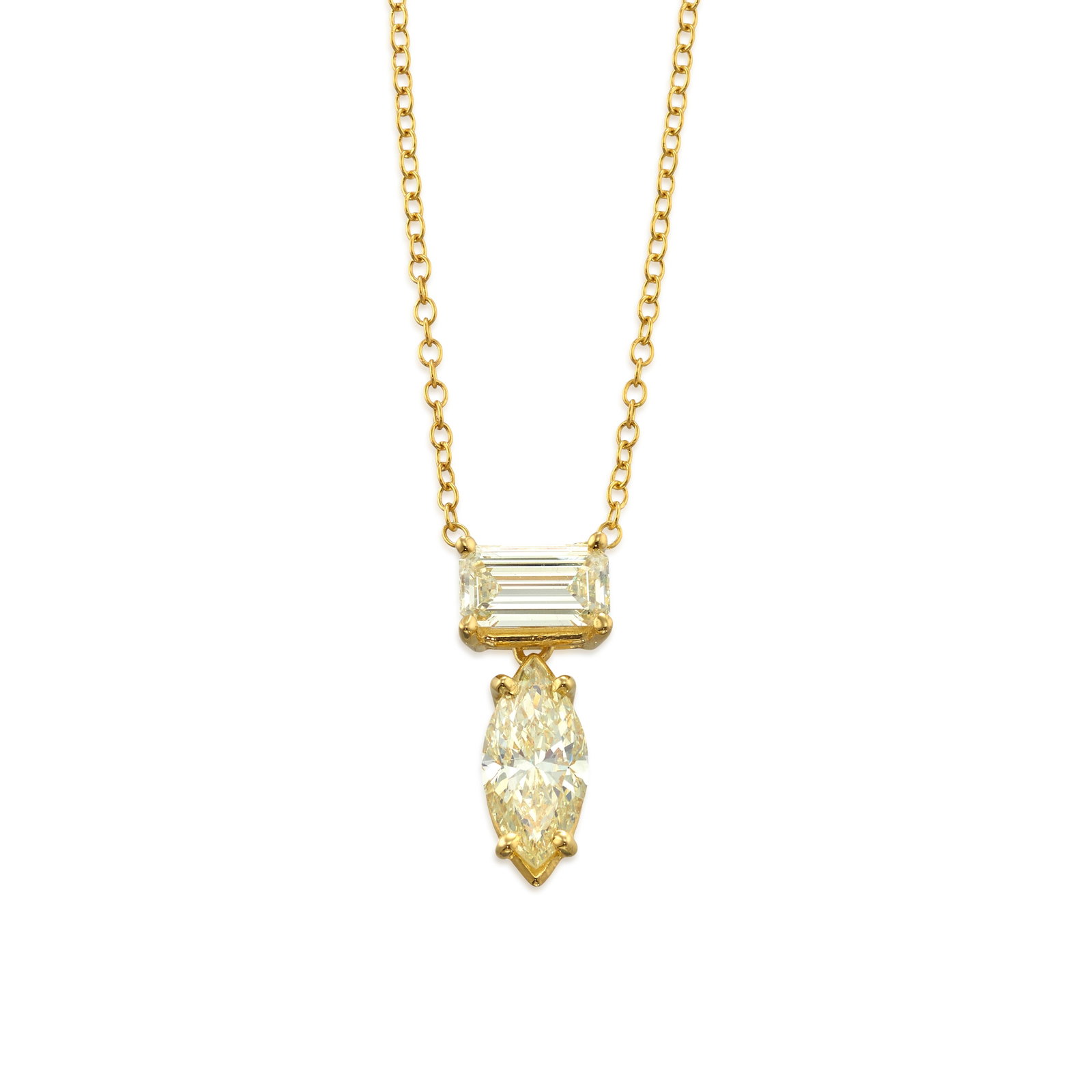 A COLORED DIAMOND NECKLACE: A COLORED DIAMOND NECKLACE Composed of an octagonal step-cut diamond and a marquise-shaped diamond, both of a yellow hue, completed by an oval link backchain; estimated octagonal step-cut diamond weig