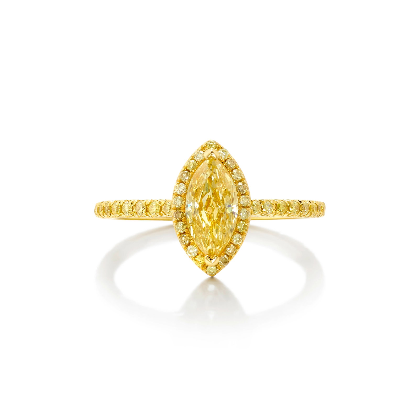 AN 18K GOLD, FANCY INTENSE YELLOW DIAMOND AND COLORED DIAMOND RING: AN 18K GOLD, FANCY INTENSE YELLOW DIAMOND AND COLORED DIAMOND RING Centering a marquise-shaped, Fancy Intense Yellow diamond weighing 0.93 carat, accented throughout with round brilliant-cut diamonds 