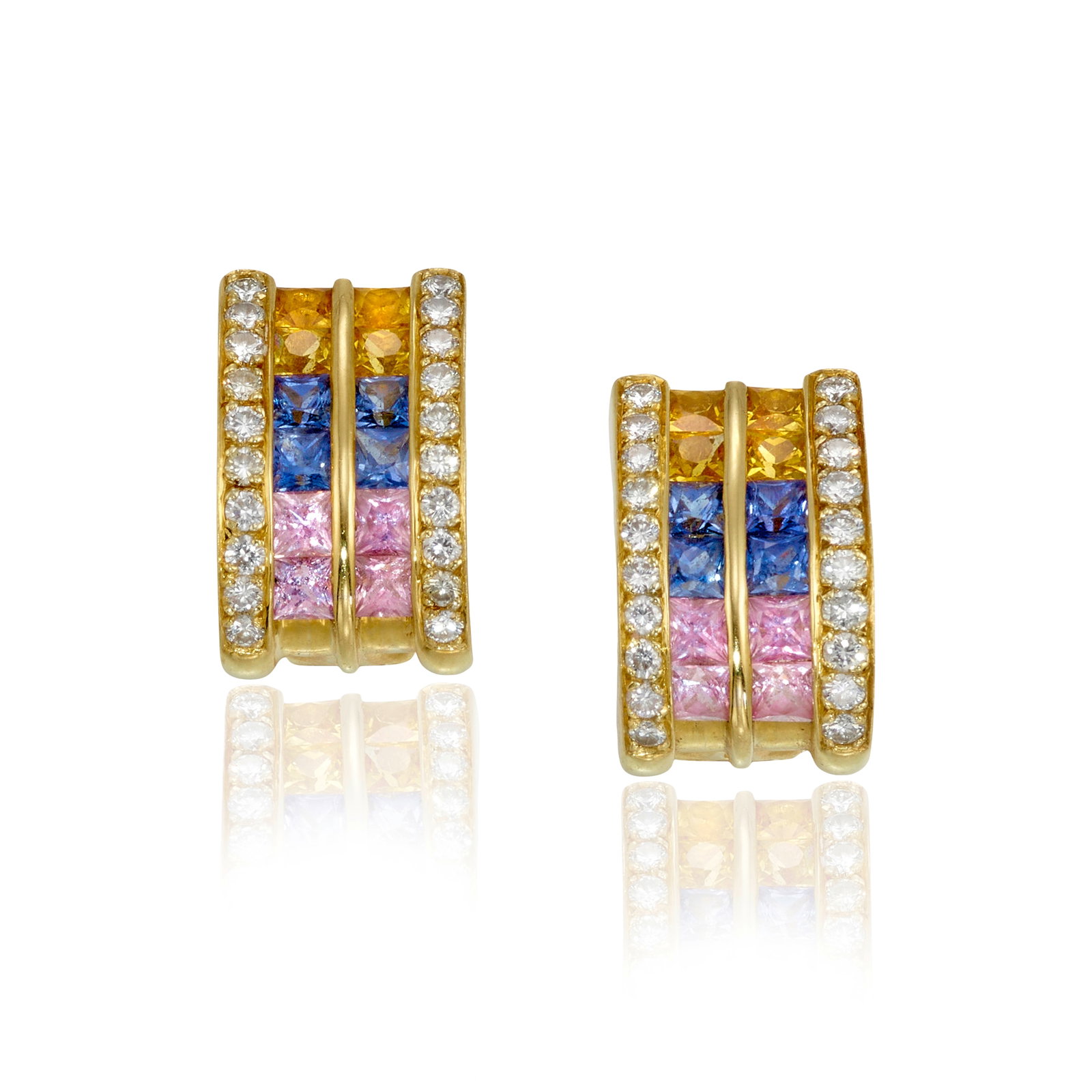 A PAIR OF 18K GOLD, MULTI-COLORED SAPPHIRE AND DIAMOND EARRINGS: A PAIR OF 18K GOLD, MULTI-COLORED SAPPHIRE AND DIAMOND EARRINGS Each centering bands of rectangular, mixed-cut yellow, pink and blue sapphires, framed by rows of round brilliant-cut diamonds; estimate