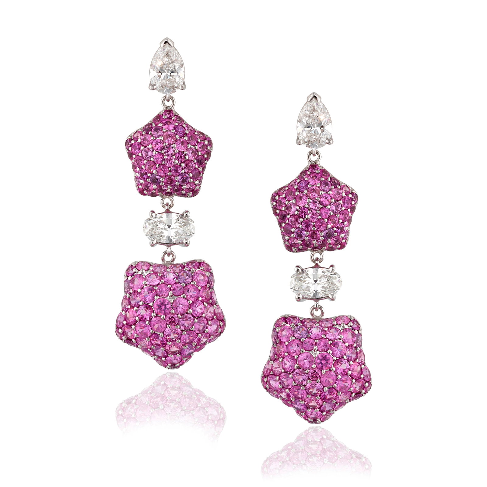 A PAIR OF PINK SAPPHIRE AND DIAMOND EARRINGS: A PAIR OF PINK SAPPHIRE AND DIAMOND EARRINGS Drop earrings, each comprising puffy stars pavé-set with round pink sapphires, accented with pear and oval-shaped diamonds; estimated total diamond we