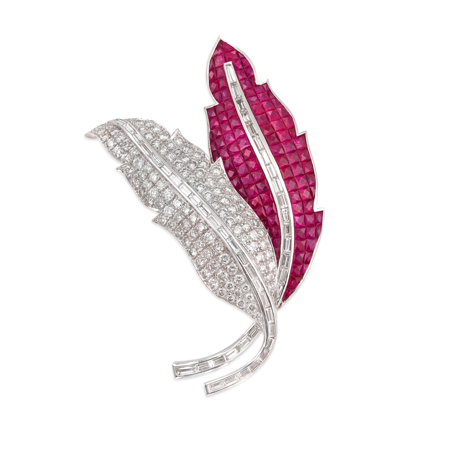 AN 18K WHITE GOLD, RUBY AND DIAMOND BROOCH: AN 18K WHITE GOLD, RUBY AND DIAMOND BROOCH Designed as two feathers, one pavé-set with round brilliant-cut diamonds, the other invisible-set with square and rectangular mixed-cut rubies, both acc