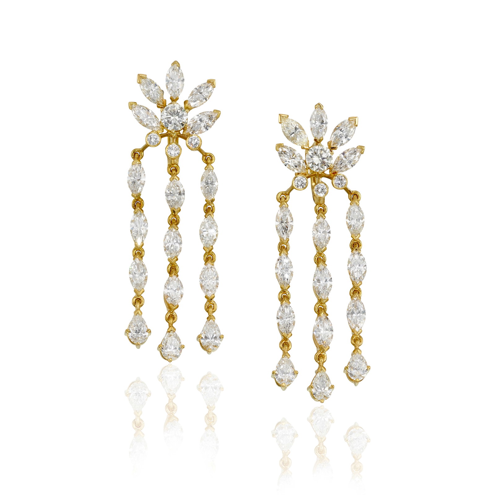 A PAIR OF 18K GOLD AND DIAMOND EARRINGS: A PAIR OF 18K GOLD AND DIAMOND EARRINGS Each designed with round brilliant-cut, marquise and pear-shaped diamond fringe and surmounts; with Russian assay marks; estimated total diamond weight 9.20