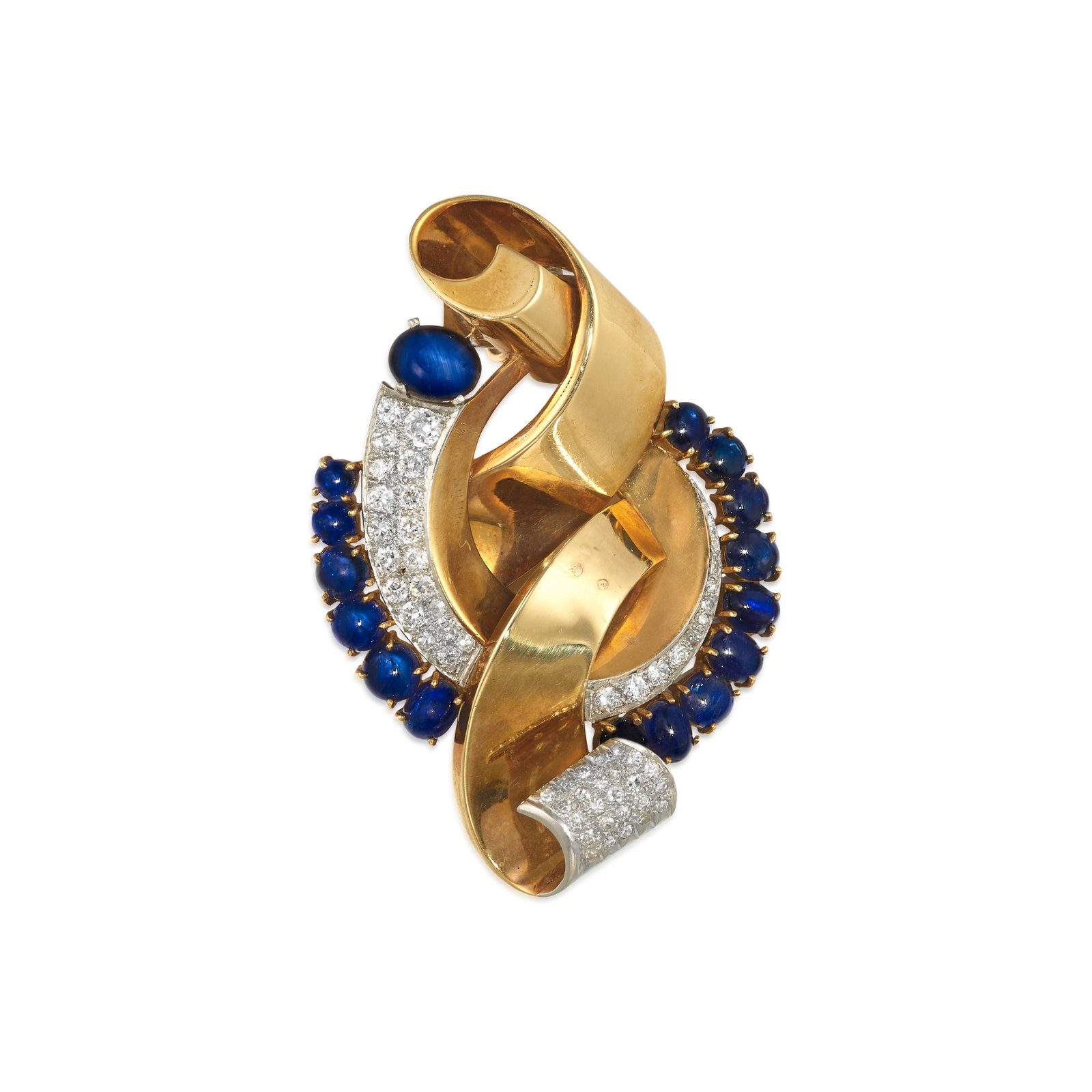A SAPPHIRE AND DIAMOND PENDANT CLIP/BROOCH, CIRCA 1950: A SAPPHIRE AND DIAMOND PENDANT CLIP/BROOCH, CIRCA 1950 Of scrolling design, set throughout with round brilliant, transitional, old European, old mine and single-cut diamonds, accented with