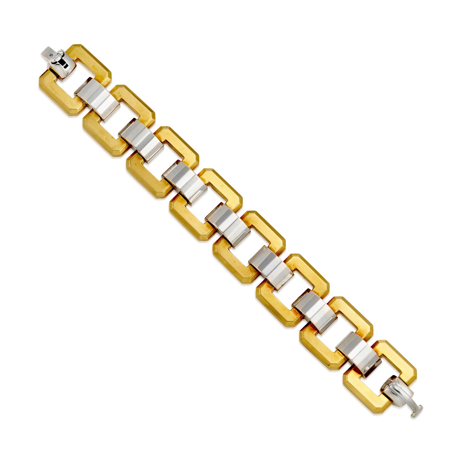 AN 18K BICOLOR GOLD BRACELET, ITALY: AN 18K BICOLOR GOLD BRACELET, ITALY A link bracelet of geometric design; with maker's mark; Italy; length 7 1/2 in., width 1 in. Footnotes: OVERALL CONDITION: Metal stamped and tested with XRF (X-ray