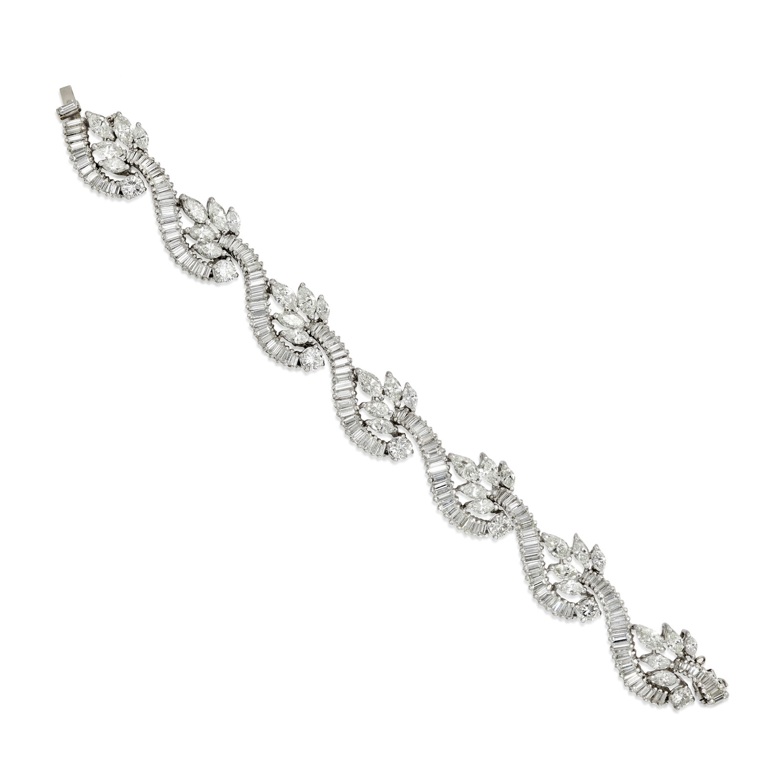 A DIAMOND BRACELET, CIRCA 1950: A DIAMOND BRACELET, CIRCA 1950 Designed as ribbons of tapered-baguette and baguette-cut diamonds, accented by round brilliant-cut and marquise-shaped diamonds; with partial serial number; estimated