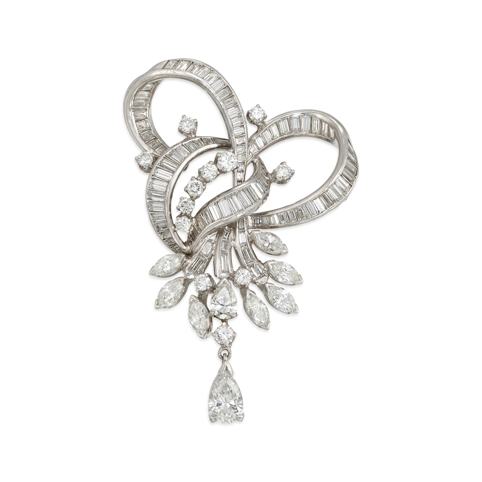 A DIAMOND BROOCH, CIRCA 1960: A DIAMOND BROOCH, CIRCA 1960 Of a corsage design, comprising round brilliant, tapered-baguette, baguette-cut, pear and marquise-shaped diamonds; estimated total diamond weight 3.90 carats; mounted in