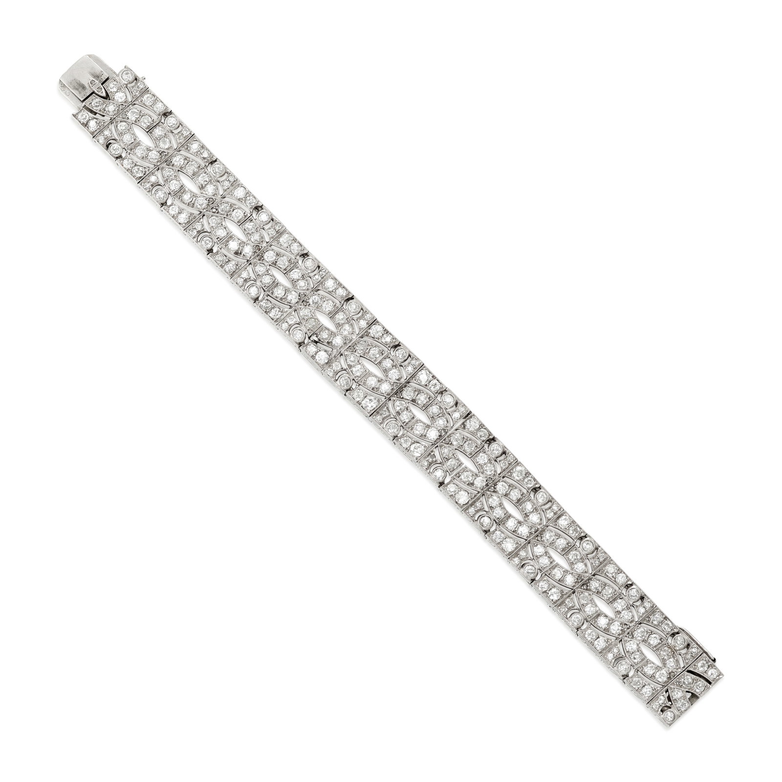 A DIAMOND BRACELET, FRANCE, CIRCA 1930: A DIAMOND BRACELET, FRANCE, CIRCA 1930 A strap bracelet of openwork design, set throughout with old European, old mine and rose-cut diamonds; with partial maker's mark; with French assay marks;