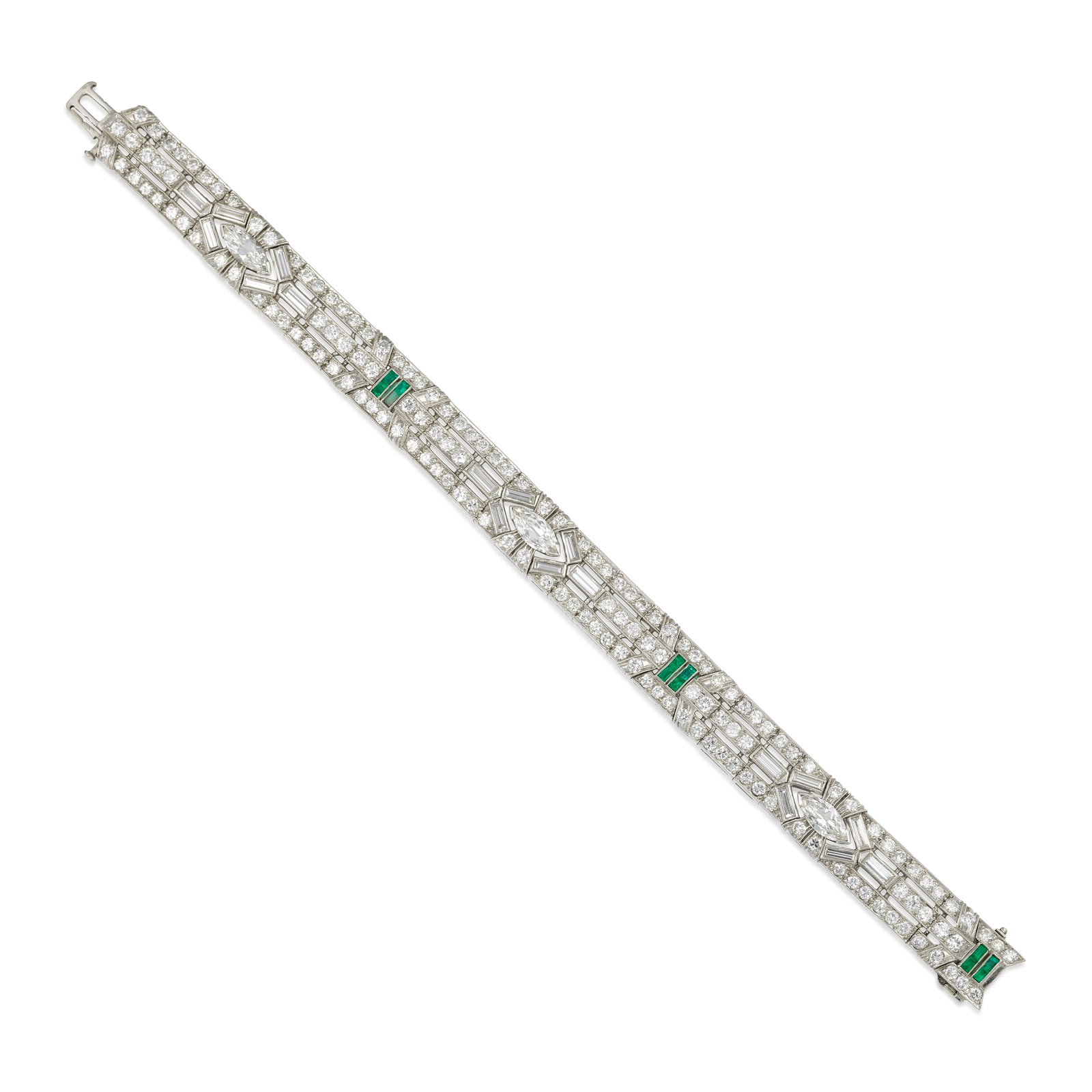 A DIAMOND AND EMERALD BRACELET, CIRCA 1925: A DIAMOND AND EMERALD BRACELET, CIRCA 1925 A strap bracelet of openwork, geometric design, set throughout with marquise-shaped and round brilliant, transitional and baguette-cut diamonds, accented